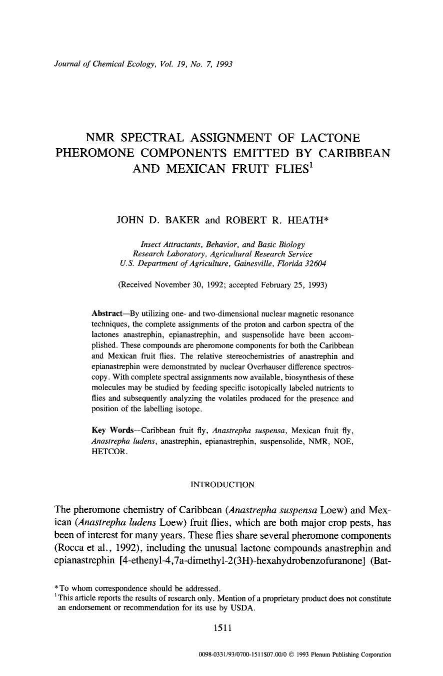 NMR spectral assignment of lactone pheromone components emitted by Caribbean and Mexican fruit flies by Unknown