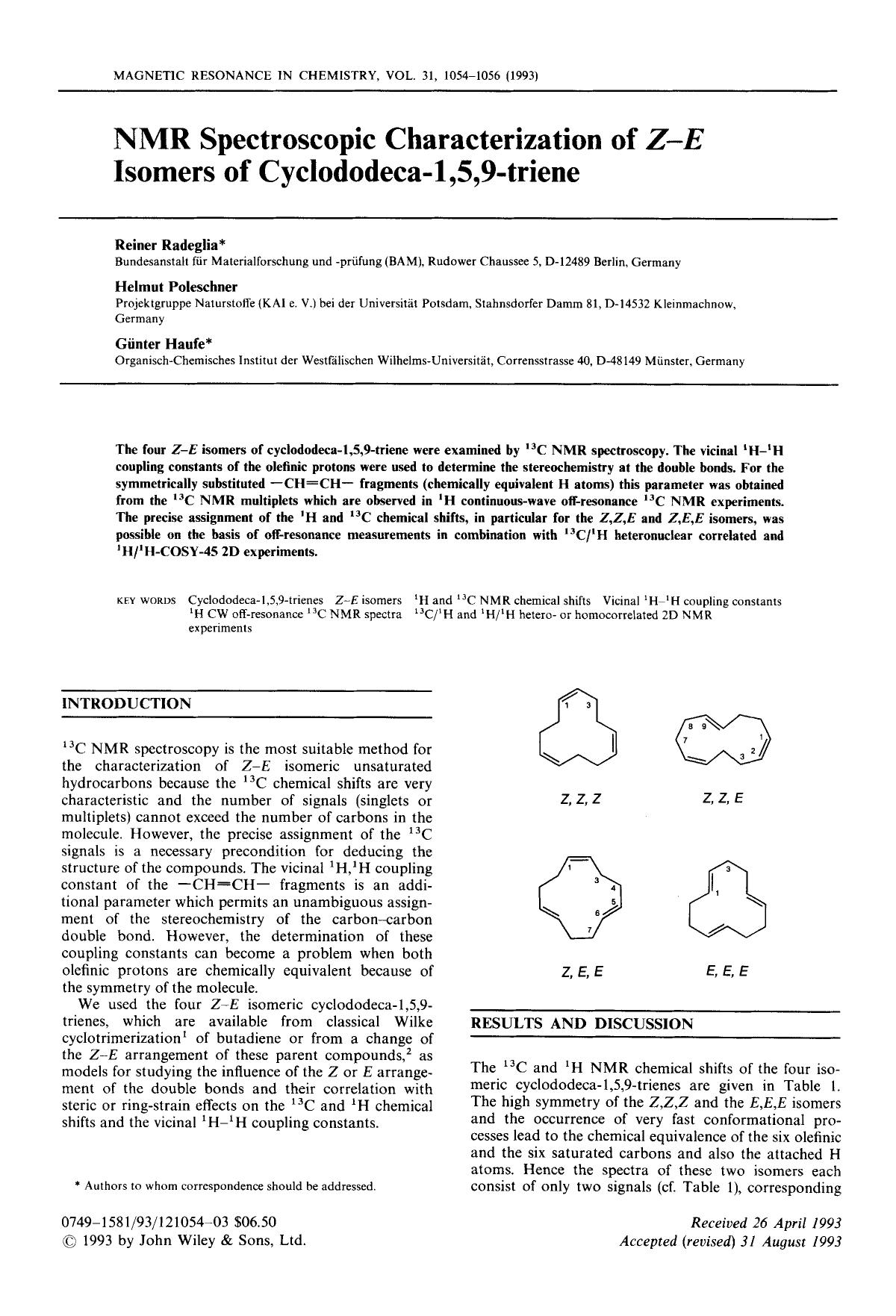 NMR spectroscopic characterization of Z[bond]E isomers of cyclododeca-1,5,9-triene by Unknown