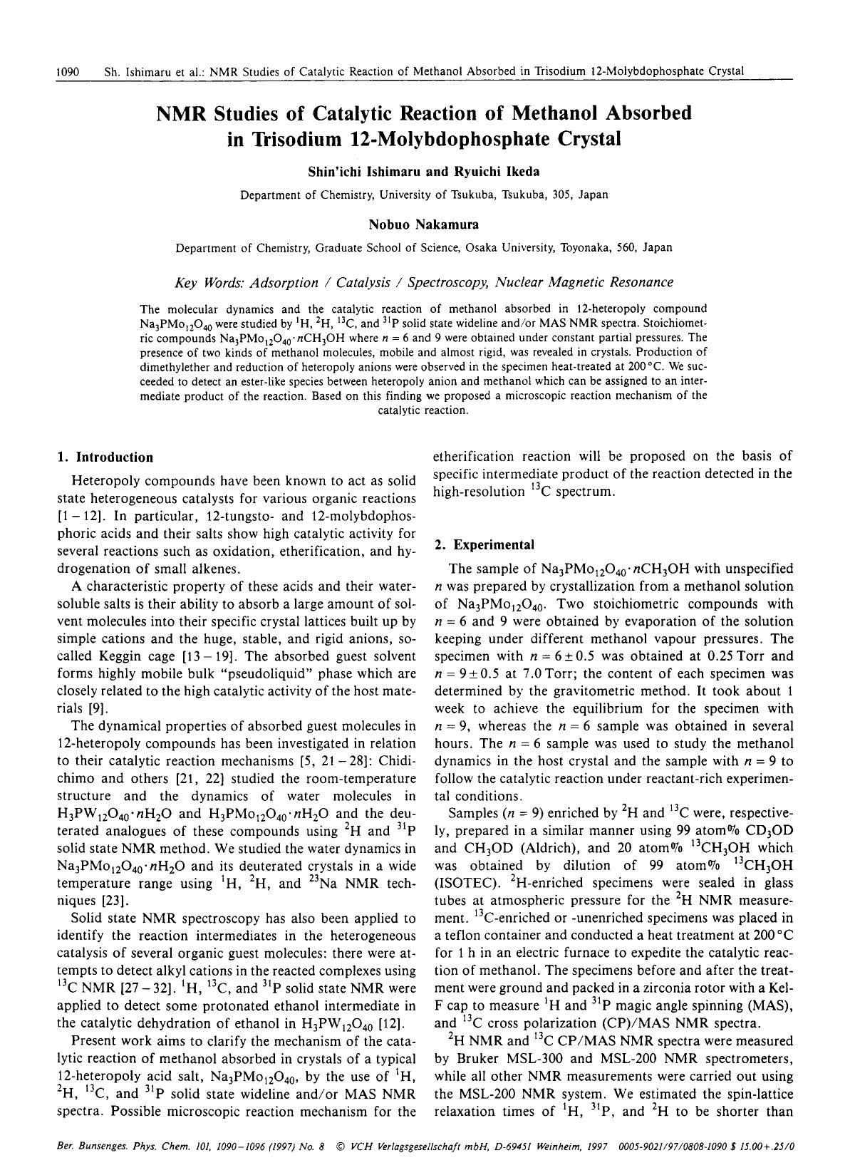 NMR studies of catalytic reaction of methanol absorbed in trisodium 12-molybdophosphate crystal by Unknown