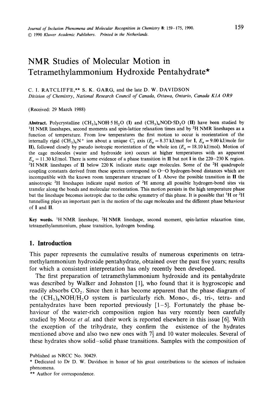 NMR studies of molecular motion in tetramethylammonium hydroxide pentahydrate by Unknown