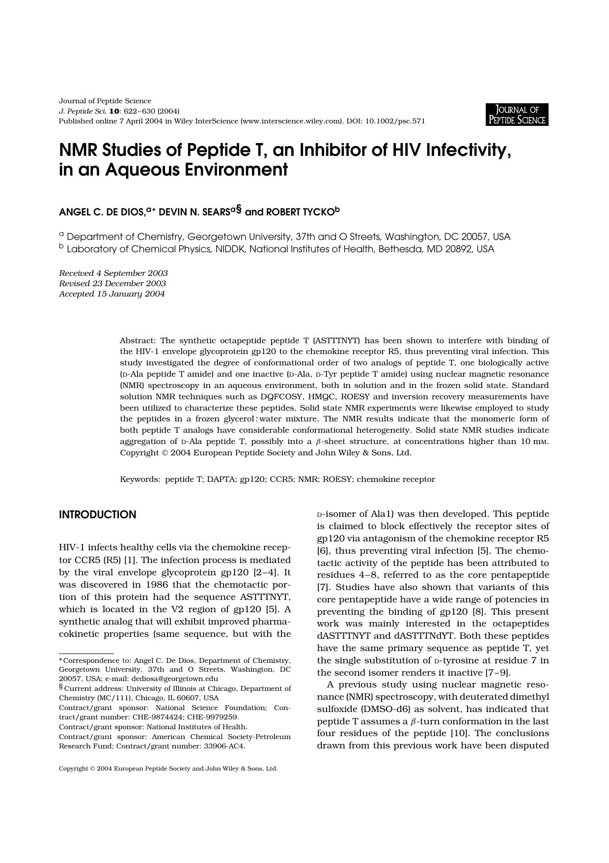 NMR studies of peptide T, an inhibitor of HIV infectivity, in an aqueous environment by Unknown