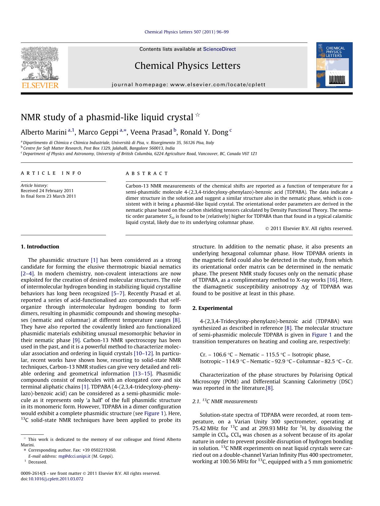 NMR study of a phasmid-like liquid crystal by Alberto Marini & Marco Geppi & Veena Prasad & Ronald Y. Dong