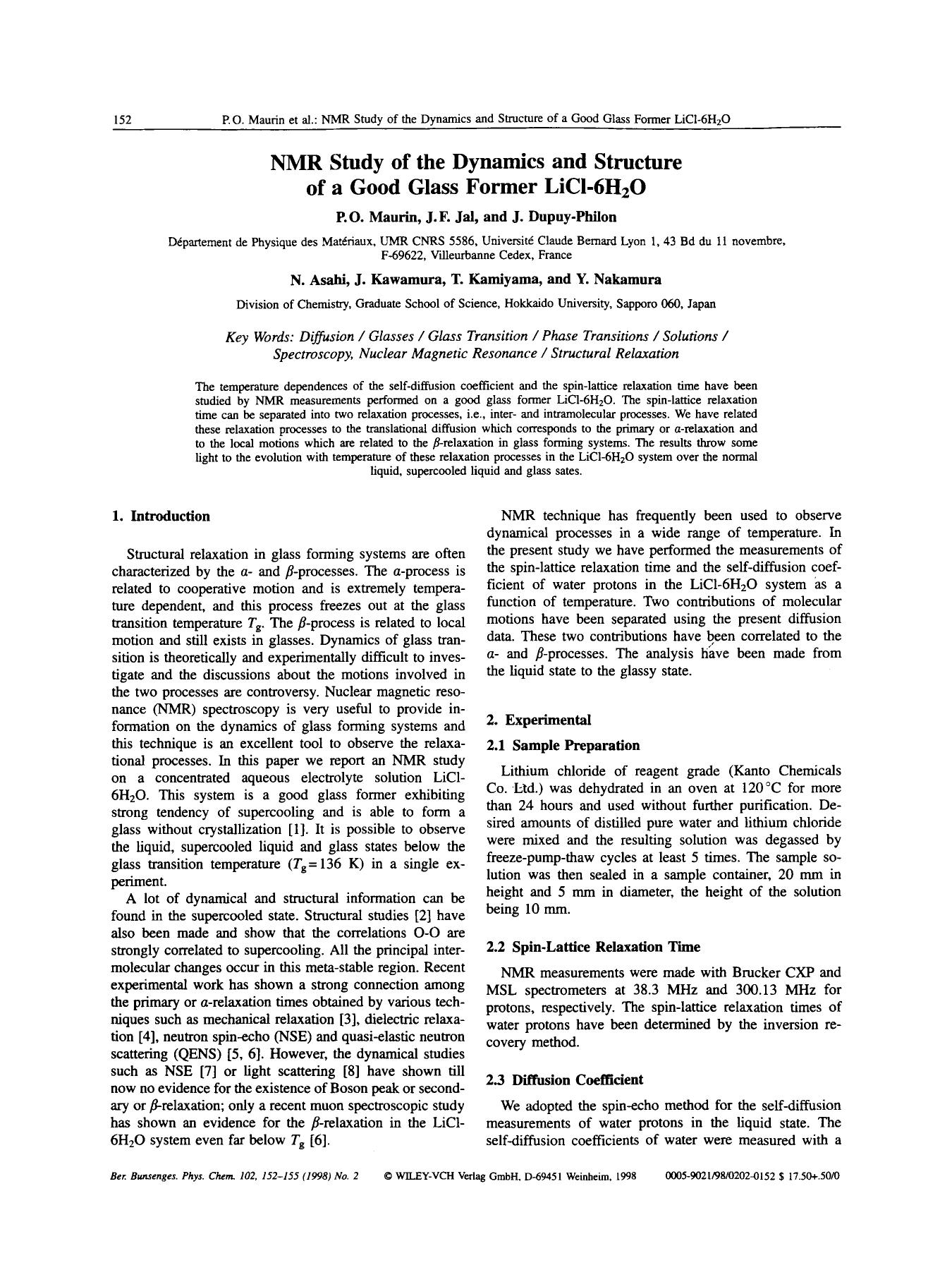 NMR study of the dynamics and structure of a good glass former LiCl-6H2O by Unknown