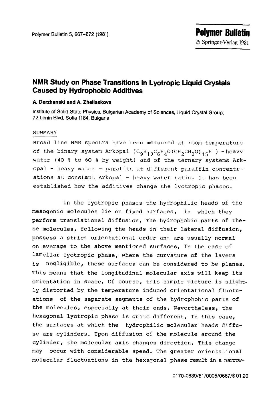 NMR study on phase transitions in lyotropic liquid crystals caused by hydrophobic additives by Unknown