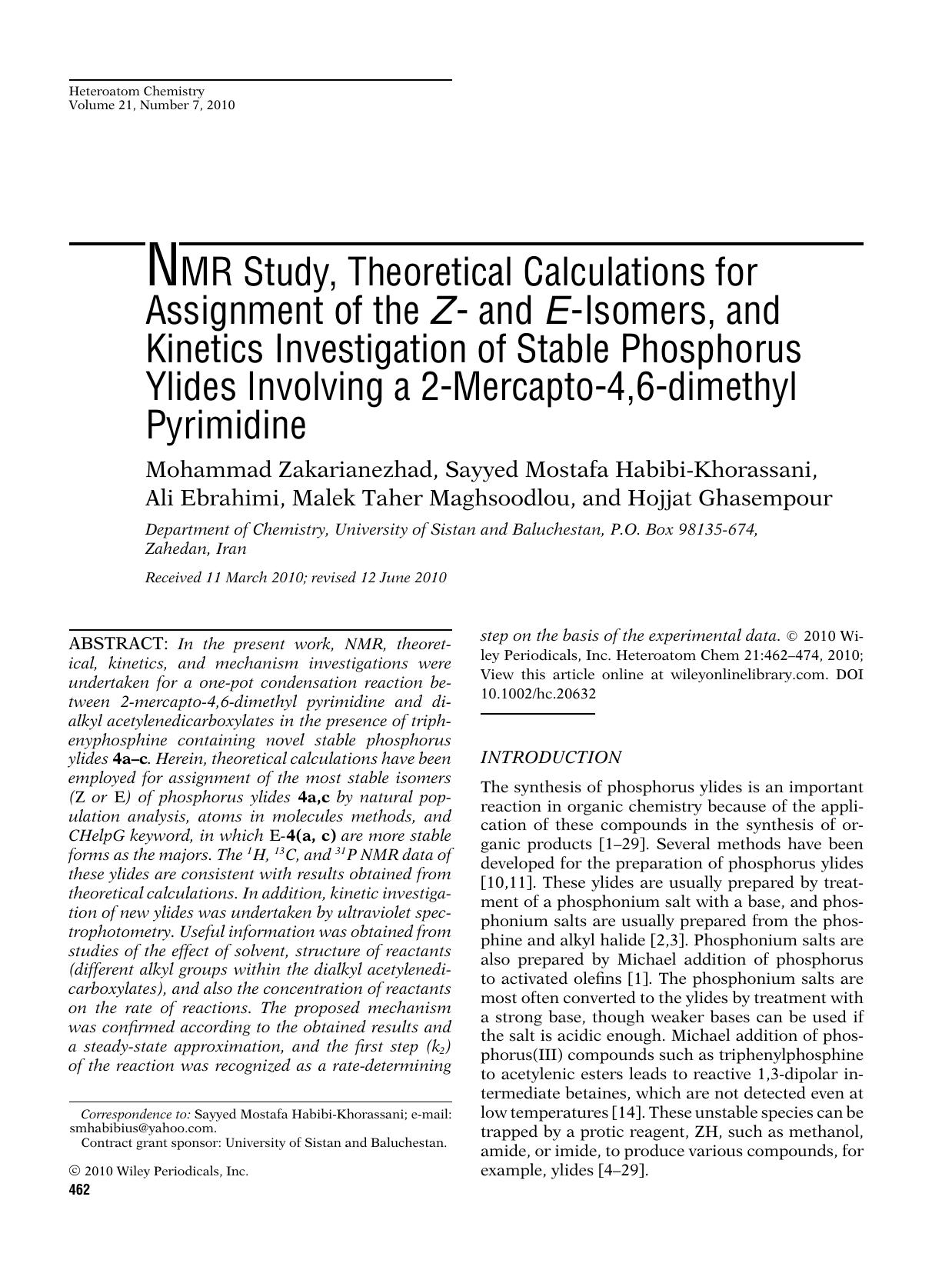 NMR study, theoretical calculations for assignment of the Z and Eisomers, and kinetics investigation of stable phosphorus ylides involving a 2mercapto4,6dimethyl pyrimidine by Unknown