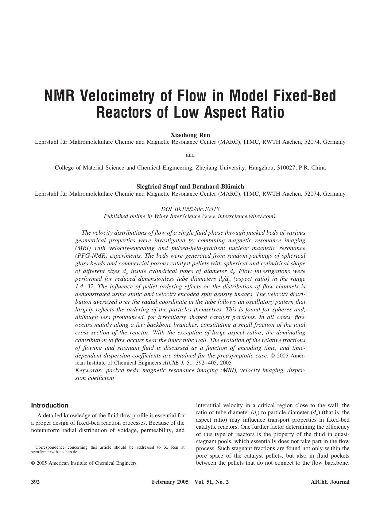 NMR velocimetry of flow in model fixed-bed reactors of low aspect ratio by Unknown