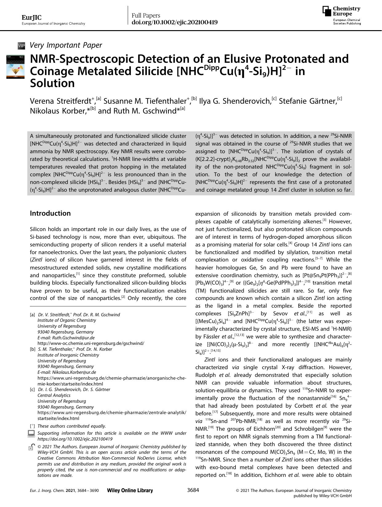NMRâSpectroscopic Detection of an Elusive Protonated and Coinage Metalated Silicide [NHCDippCu(Î·4âSi9)H]2â in Solution by Unknown
