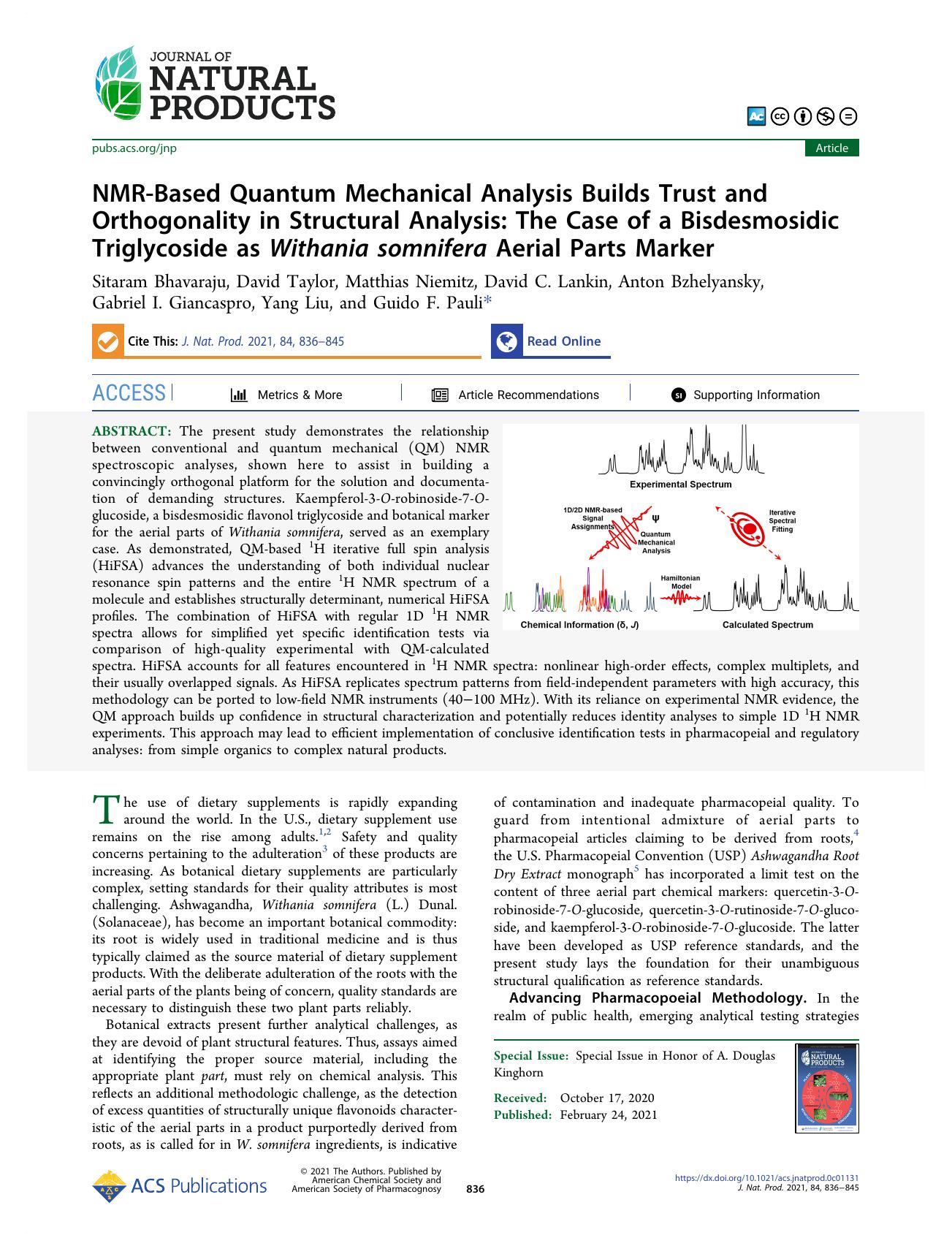 NMR-Based Quantum Mechanical Analysis Builds Trust and Orthogonality in Structural Analysis: The Case of a Bisdesmosidic Triglycoside as Withania somnifera Aerial Parts Marker by unknow