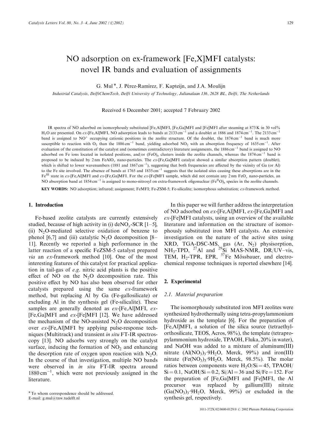 NO Adsorption on Ex-Framework [Fe,X]MFI Catalysts: Novel IR Bands and Evaluation of Assignments by Unknown