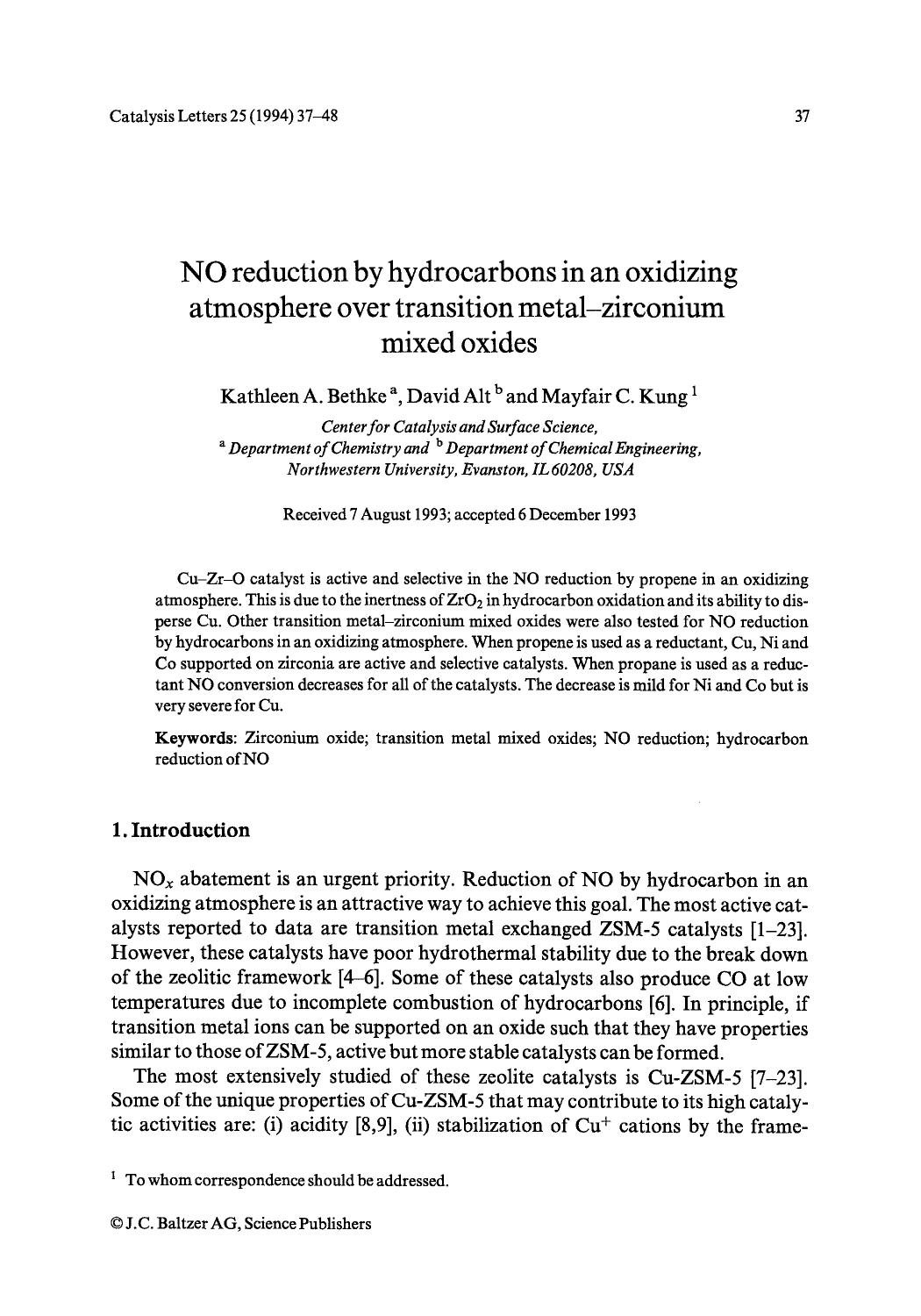 NO reduction by hydrocarbons in an oxidizing atmosphere over transition metal-zirconium mixed oxides by Unknown