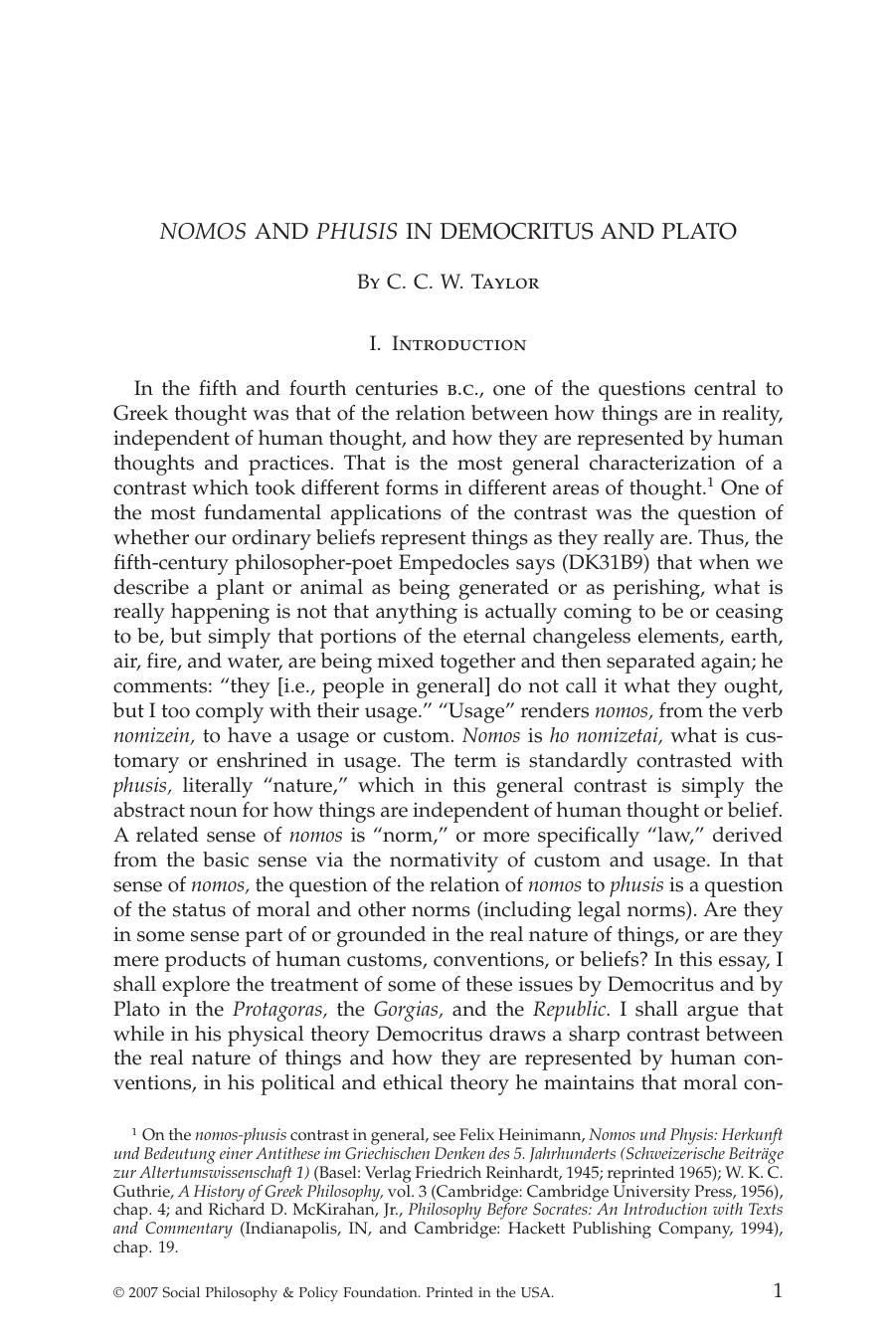NOMOS AND PHUSIS IN DEMOCRITUS AND PLATO by C. C. W. Taylor