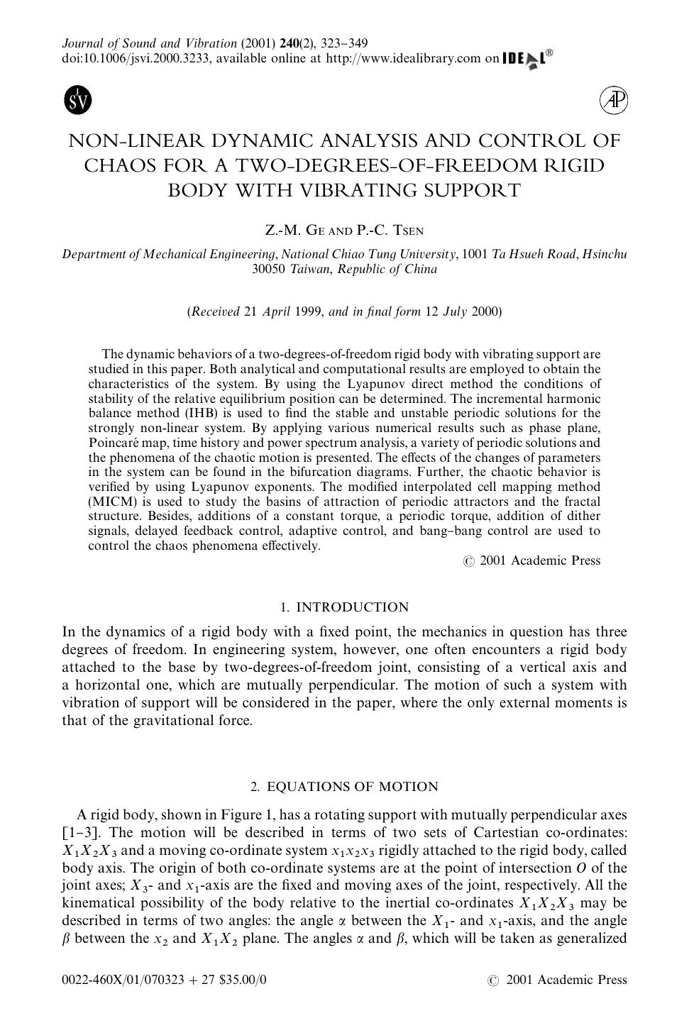NON-LINEAR DYNAMIC ANALYSIS AND CONTROL OF CHAOS FOR A TWO-DEGREES-OF-FREEDOM RIGID BODY WITH VIBRATING SUPPORT by GE Z-. M. & TSEN P-. C