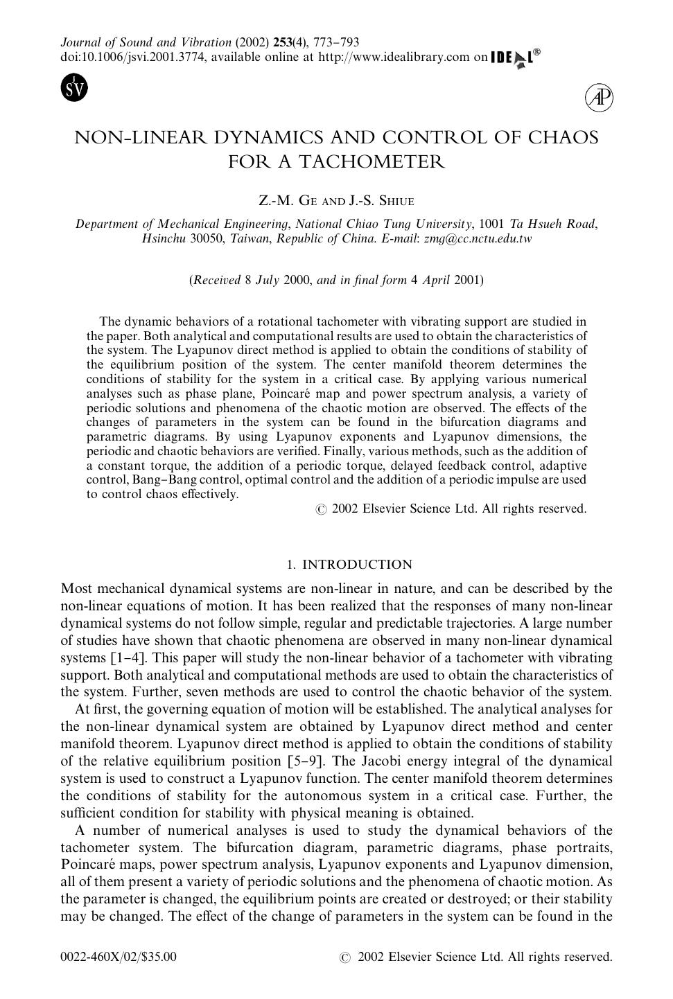 NON-LINEAR DYNAMICS AND CONTROL OF CHAOS FOR A TACHOMETER by GE Z.-M. & SHIUE J.-S