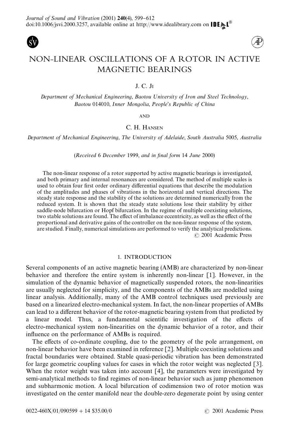 NON-LINEAR OSCILLATIONS OF A ROTOR IN ACTIVE MAGNETIC BEARINGS by JI J. C. & HANSEN C. H