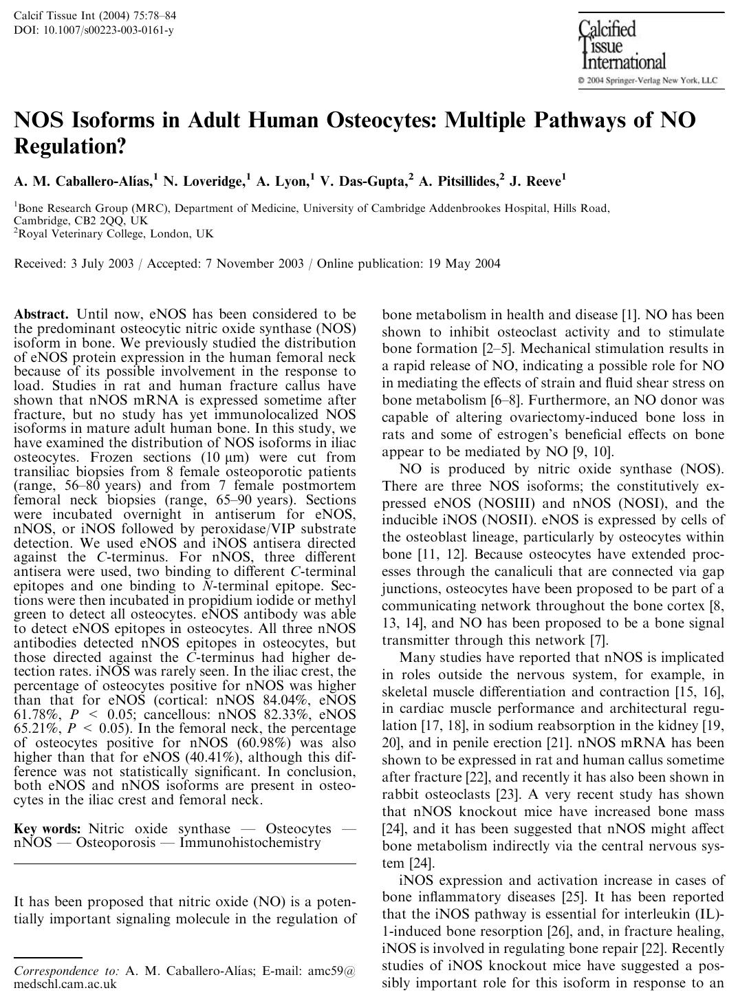 NOS Isoforms in Adult Human Osteocytes: Multiple Pathways of NO Regulation? by Caballero-Alias A.M. et al
