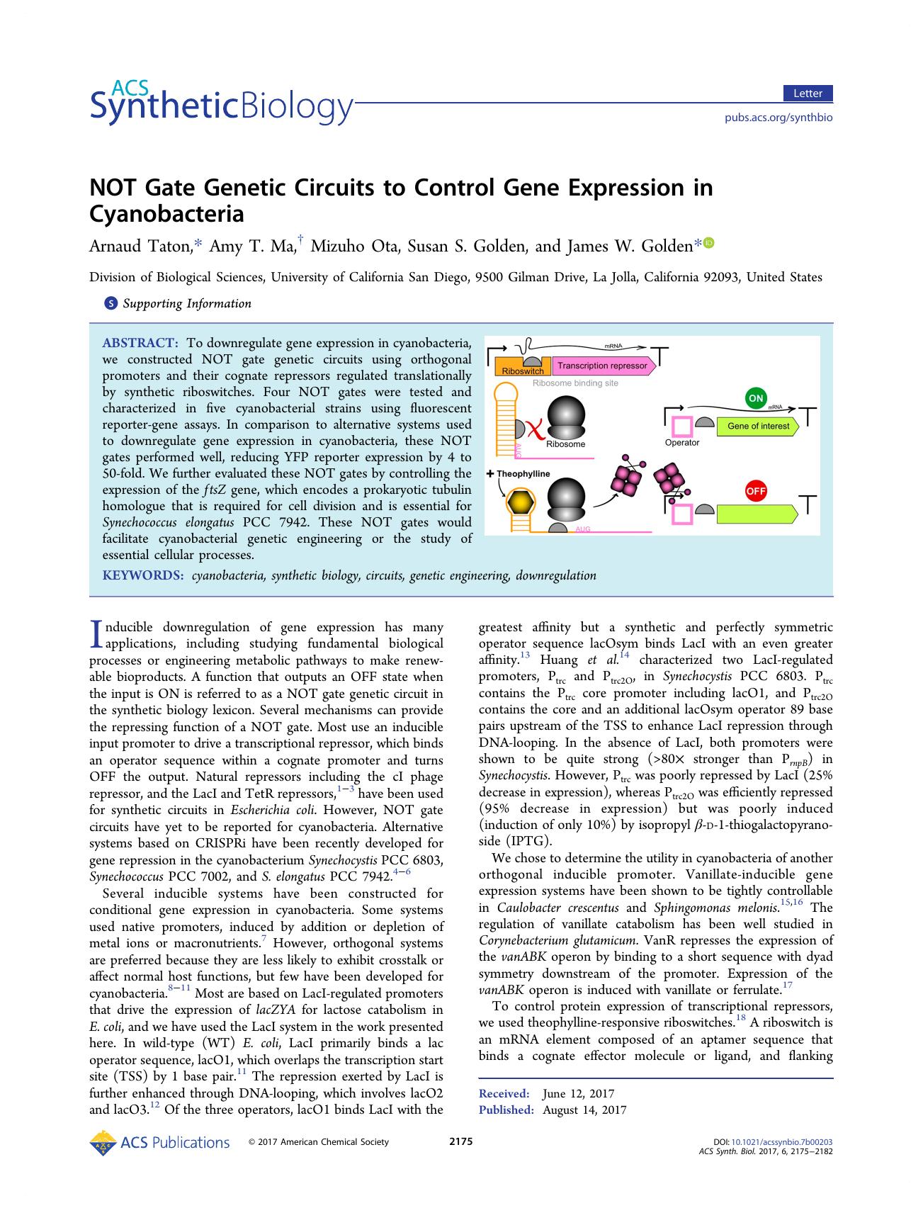 NOT Gate Genetic Circuits to Control Gene Expression in Cyanobacteria by Arnaud Taton Amy T. Ma Mizuho Ota Susan S. Golden and James W. Golden