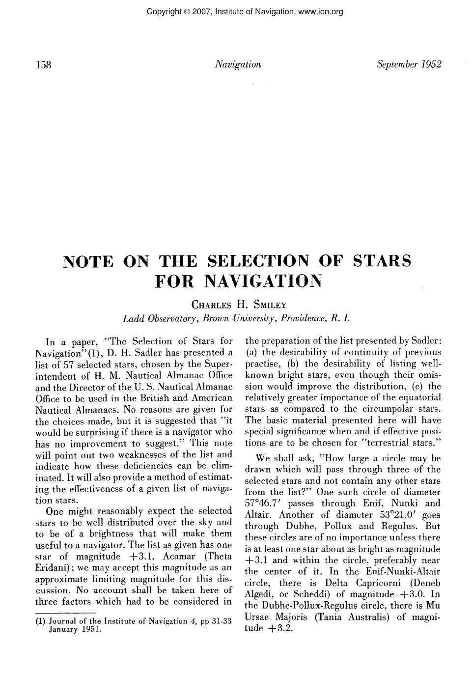 NOTE ON THE SELECTION OF STARS FOR NAVIGATION by CHARLES H. SMILEY