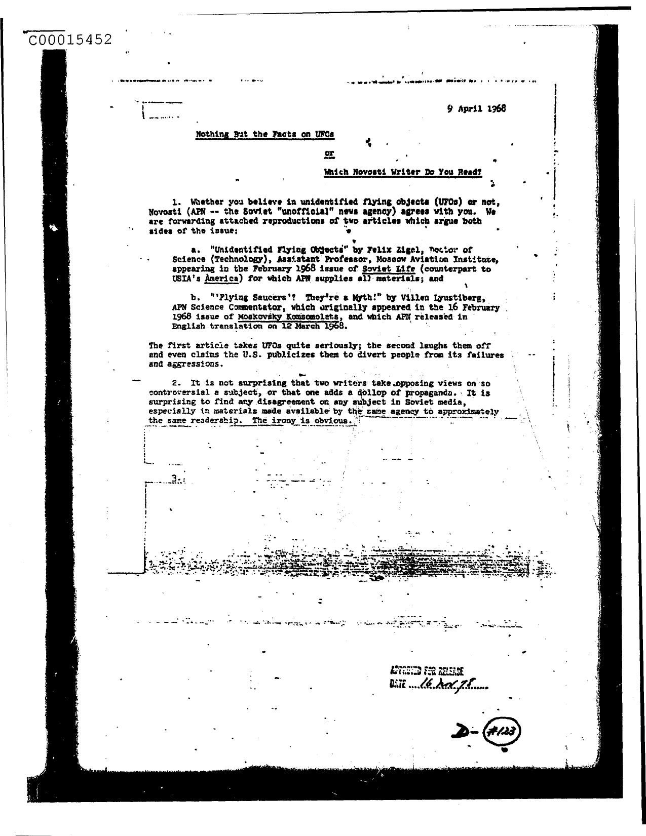 NOTHING BUT THE FACTS ON UFOS OR WHICH NOVOSTI WRITER DO YOU READ? (WITH 2 ARTICLES ATTACHED) by Unknown