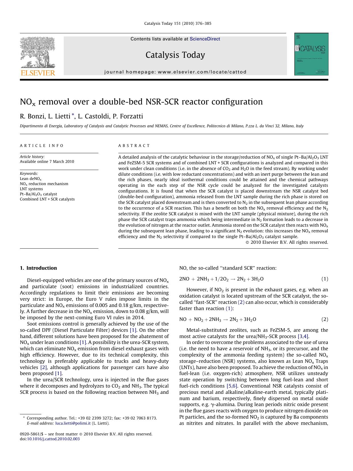 NOx removal over a double-bed NSR-SCR reactor configuration by R. Bonzi; L. Lietti; L. Castoldi; P. Forzatti