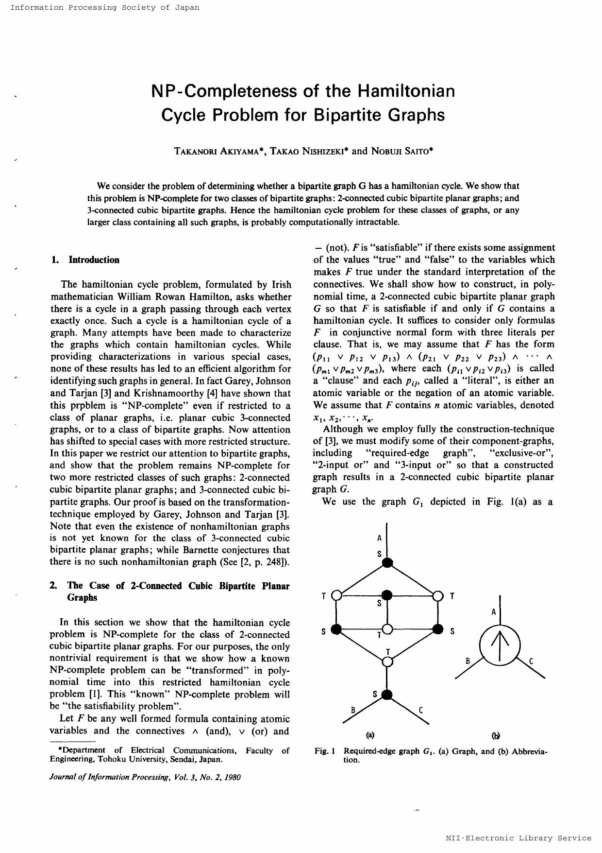 NP-Completeness Of The Hamiltonian Cycle Problem for Bipartite Graphs by Unknown