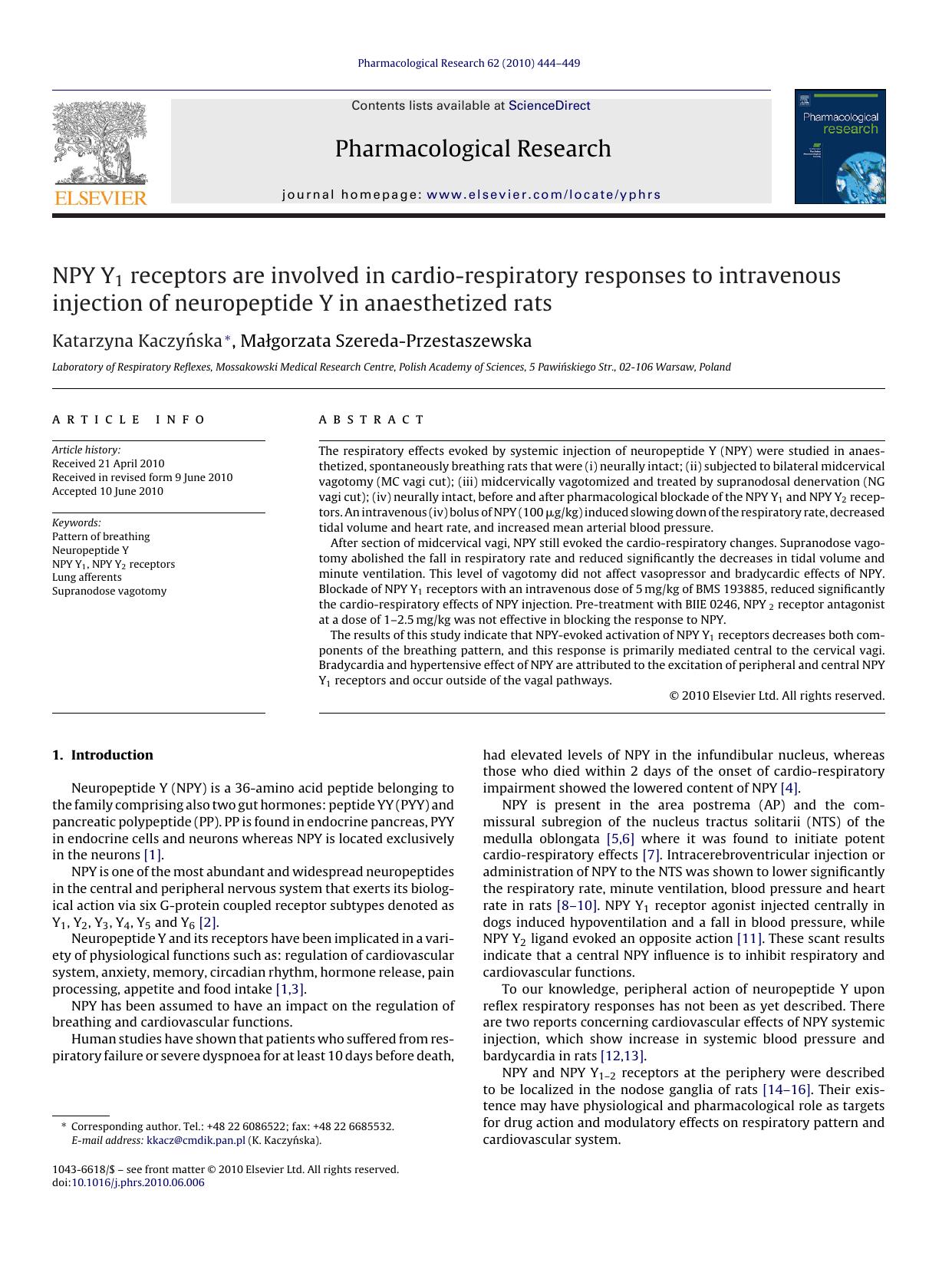 NPY Y1 receptors are involved in cardio-respiratory responses to intravenous injection of neuropeptide Y in anaesthetized rats by Katarzyna KaczyÅ„ska