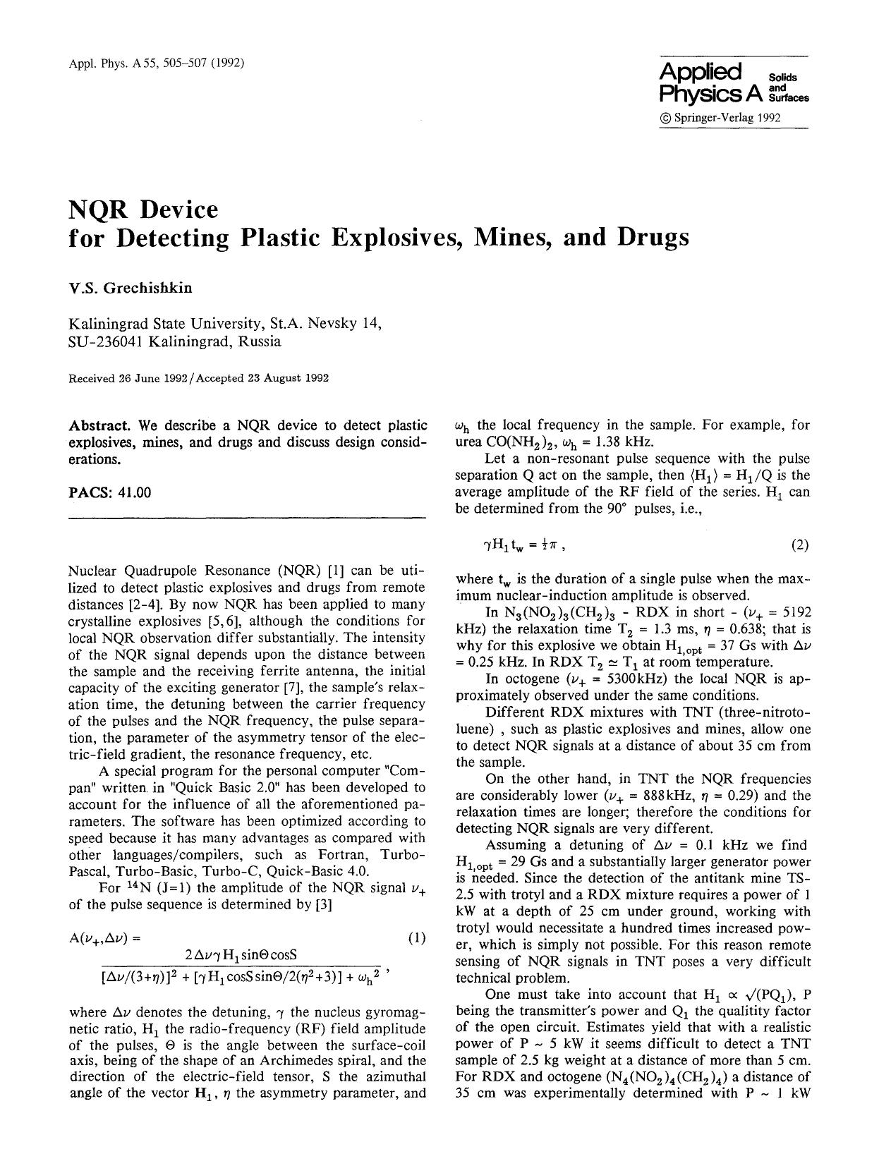 NQR device for detecting plastic explosives, mines, and drugs by Unknown