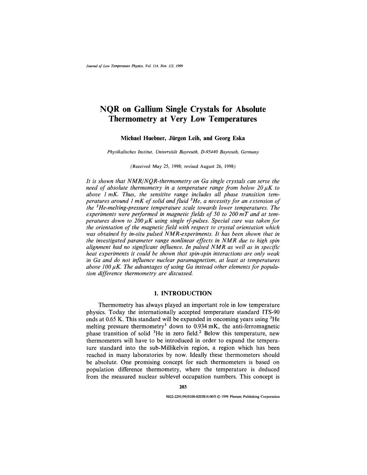 NQR on Gallium Single Crystals for Absolute Thermometry at Very Low Temperatures by Unknown