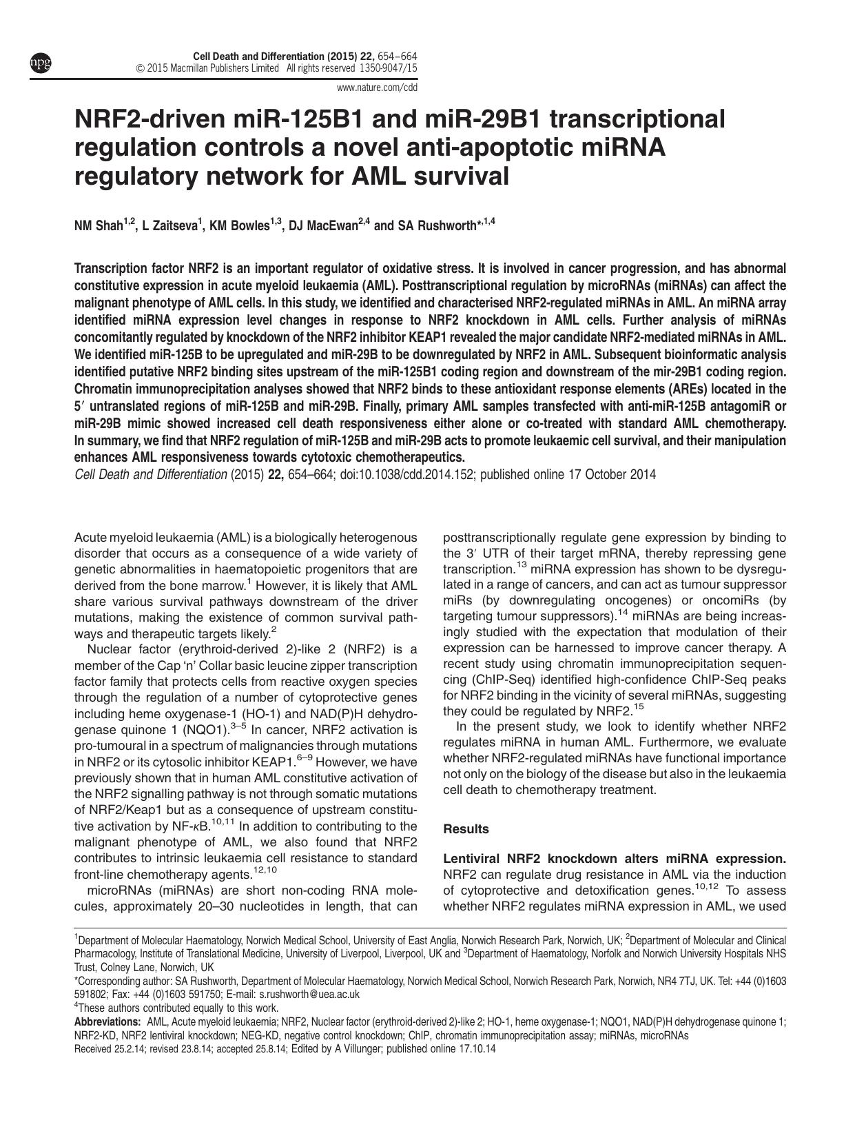 NRF2-driven miR-125B1 and miR-29B1 transcriptional regulation controls a novel anti-apoptotic miRNA regulatory network for AML survival by N M Shah & L Zaitseva & K M Bowles & D J MacEwan & S A Rushworth &