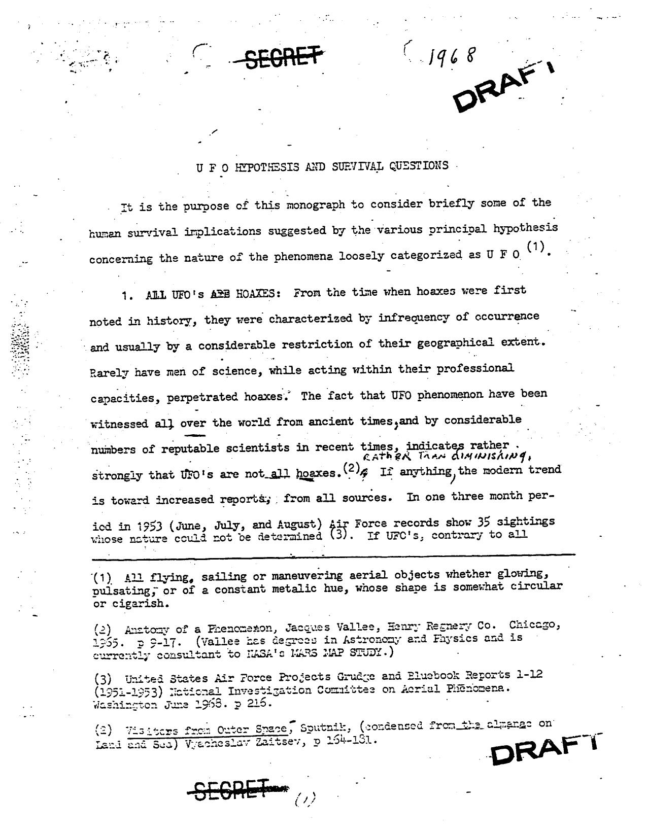 NSA Document by UFO Hypothesis & Survival Questions (1968)