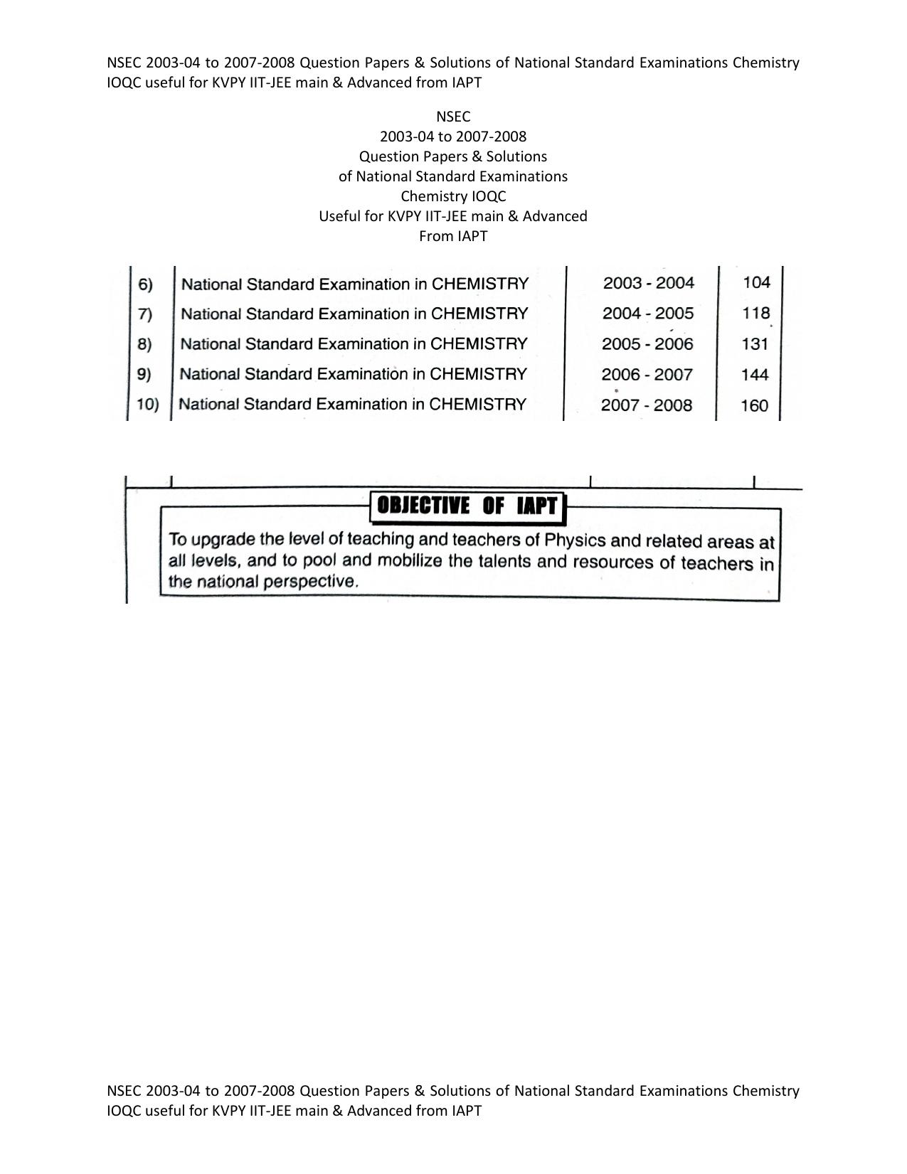 NSEC 2003-04 to 2007-2008 Question Papers & Solutions of National Standard Examinations Chemistry IOQC useful for KVPY IIT-JEE main & Advanced by IAPT and Chemistry Teachers