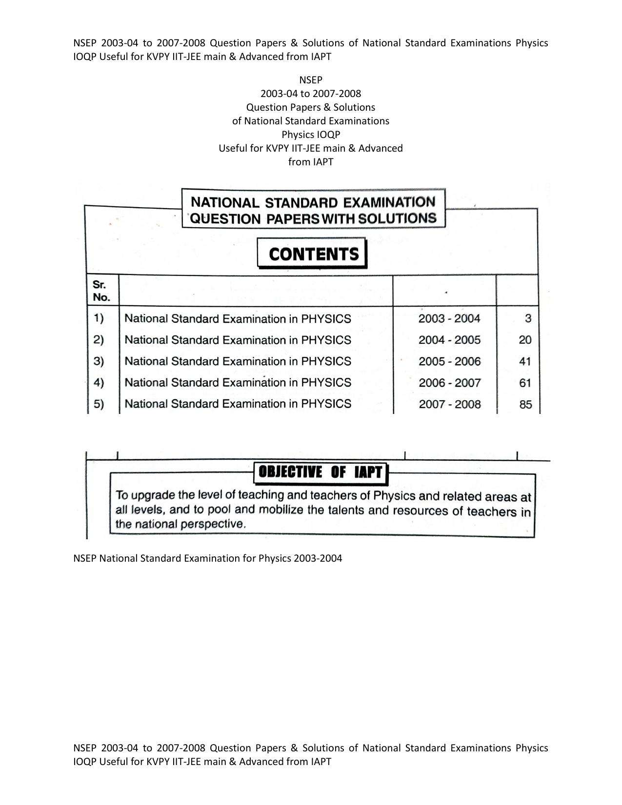 NSEP 2003-04 to 2007-2008 Question Papers & Solutions of National Standard Examinations Physics IOQP useful for KVPY IIT-JEE main & Advanced by IAPT Physics Teachers