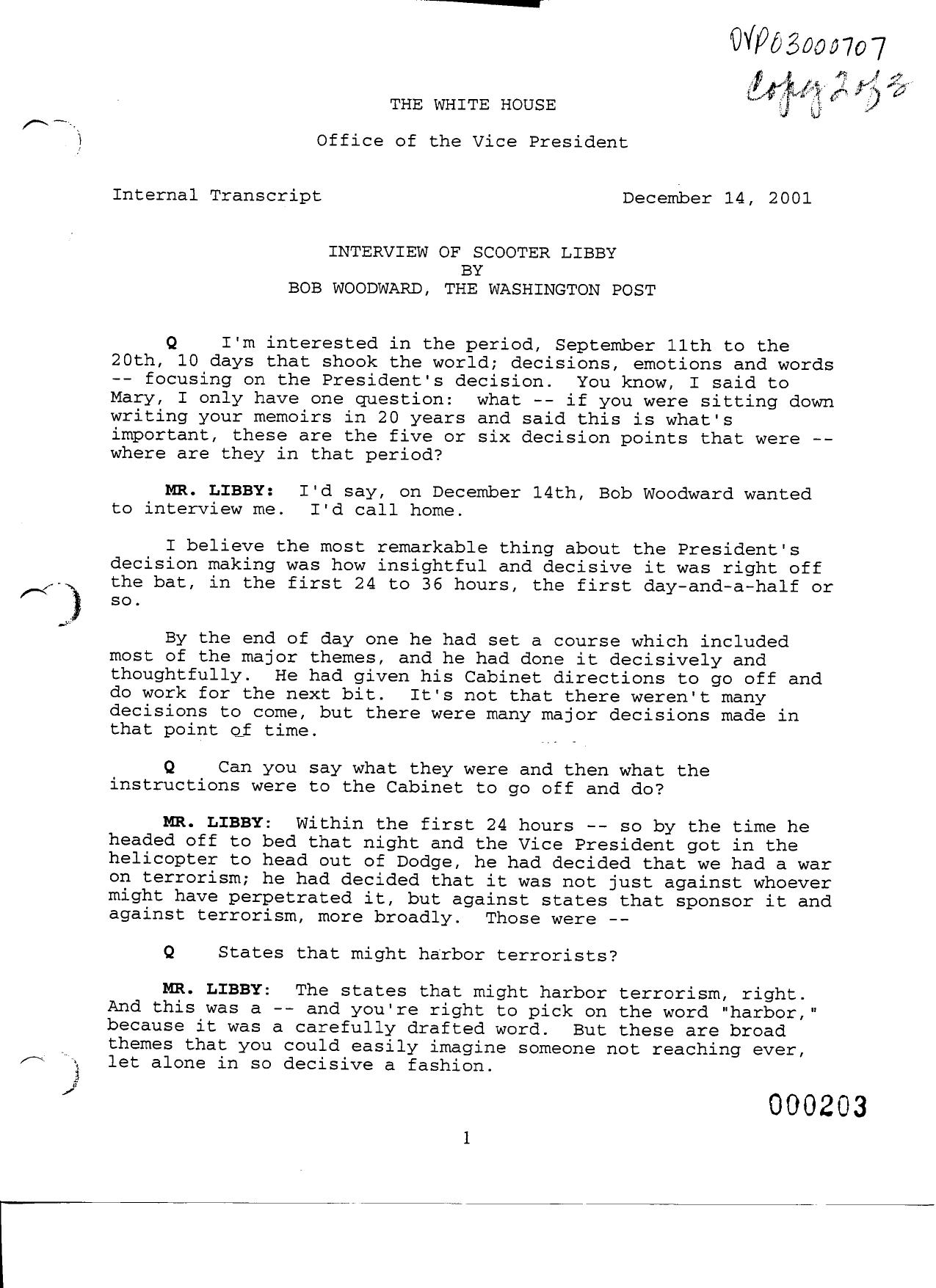 NY B10 Farmer Misc- WH 3 of 3 Fdr- 12-14-01 Bob Woodward-Washington Post Interview of Scooter Libby 477 by Unknown