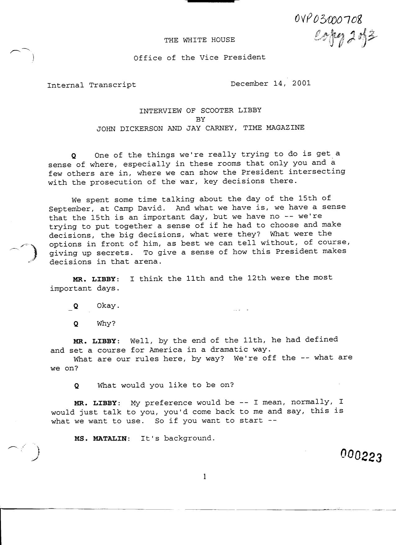 NY B10 Farmer Misc- WH 3 of 3 Fdr- 12-14-01 Dickerson-Carney-Time Mag Interview of Scooter Libby 478 by Unknown