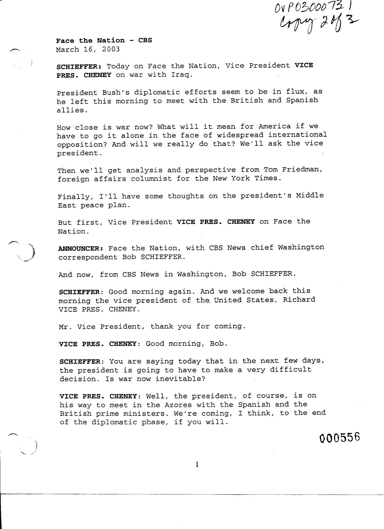 NY B10 Farmer Misc- WH 3 of 3 Fdr- 3-16-03 Bob Schieffer-Face the Nation-CBS Interview of Cheney 475 by Unknown