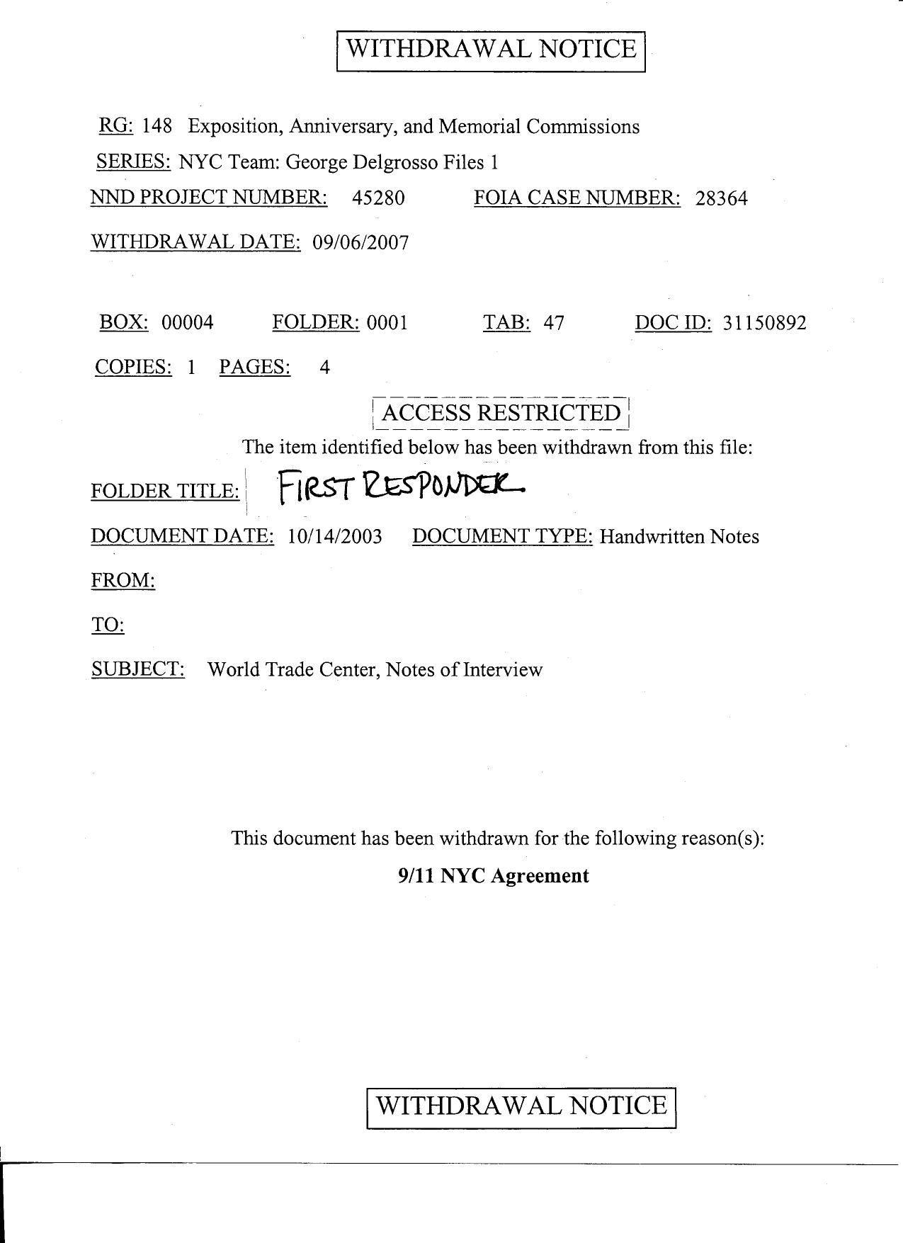 NY B10 First Responder 10-14-03 Fdr- Entire Contents- Withdrawal Notice and 10-10-01 Email from Switaj re Romito (copied w WTC Radio Memo- 1st pg for ref- see NY PA Interviews Fdr) by Unknown