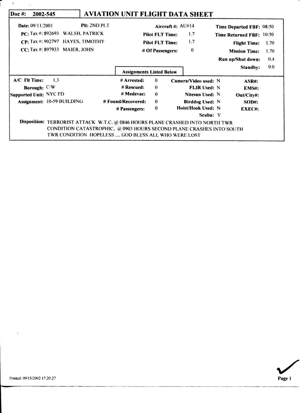 NY B11 Aviation Unit Fdr- Aviation Unit Flight Data Sheets (total in fdr- scanned in order found) 568 by Unknown
