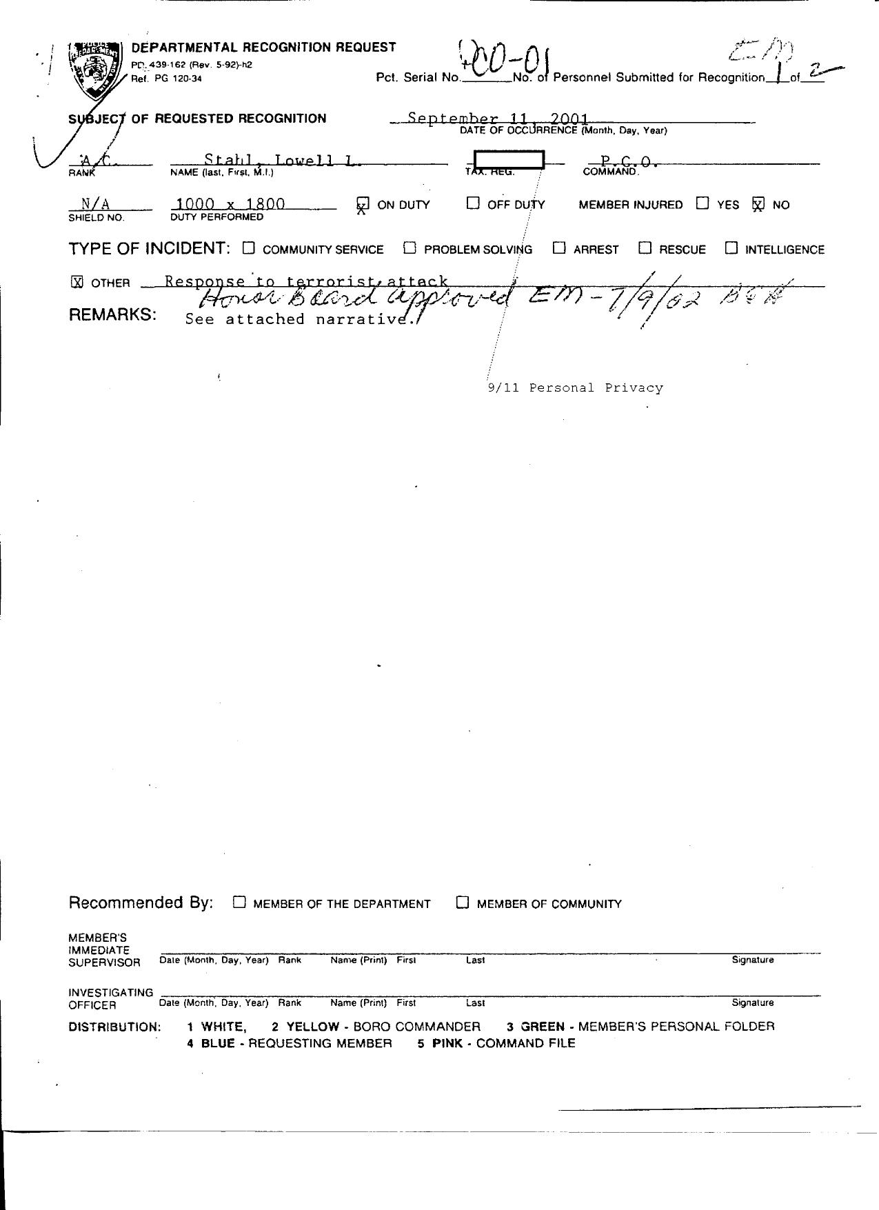 NY B12 NYPD Writeups Fdr- Lowell Stahl- Recognition Request w Personal Account 044 by Unknown
