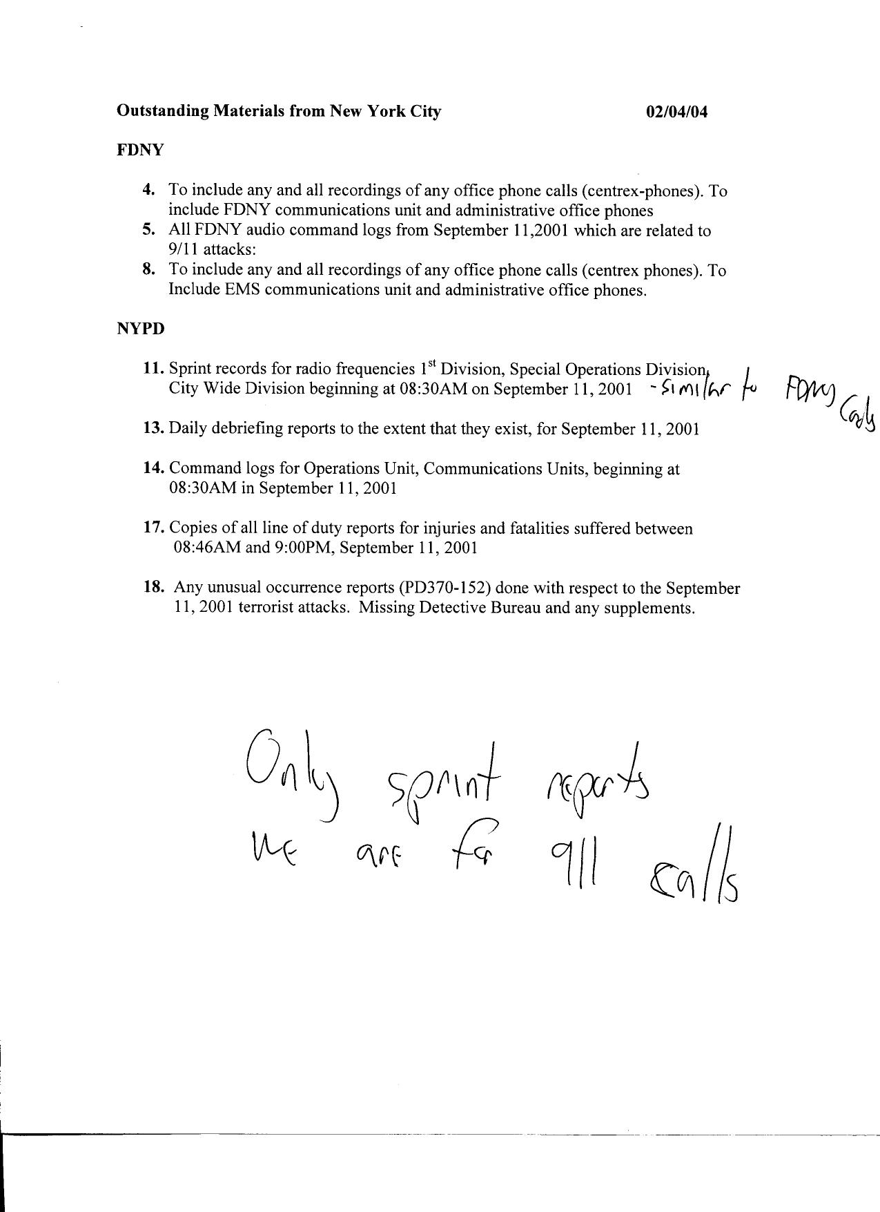 NY B14 Interview Materials Fdr- Entire Contents- 3 Memos re Outstanding Materials from NYC 523 by Unknown