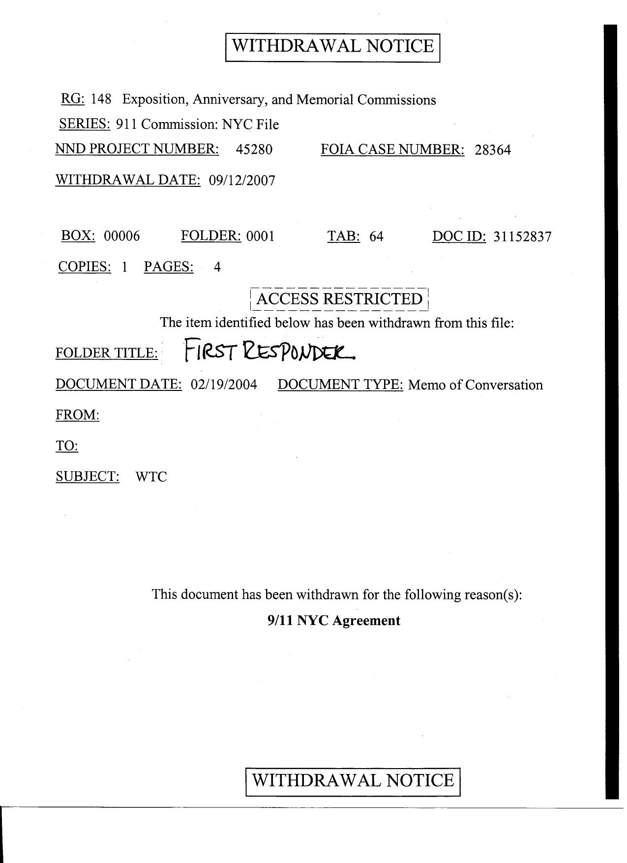 NY B16 NYPD Interviews Fdr- 20 Withdrawal Notices- Interviews- First Responders by Unknown