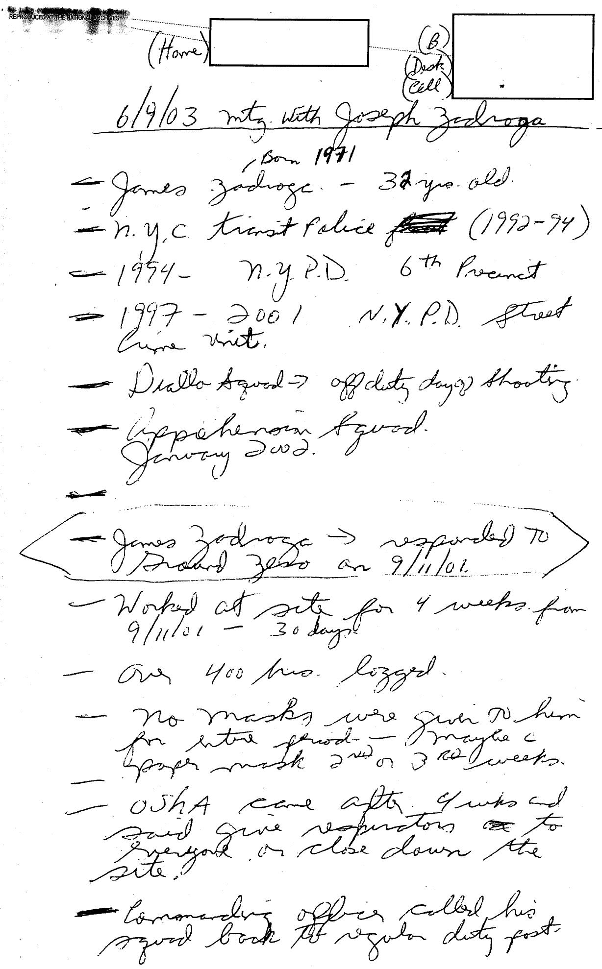 NY B4 6-9-03 Meeting with James Zadroga Fdr- Handwritten Interview Notes by Unknown