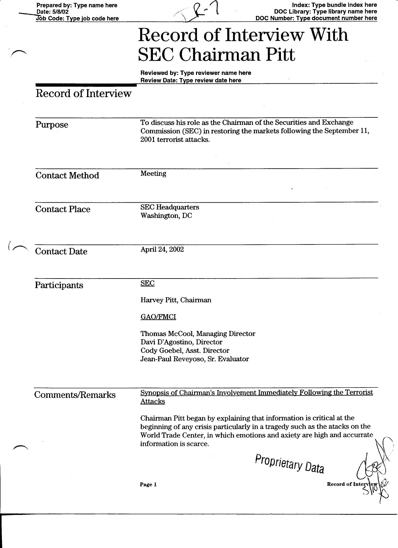 NY B48 Materials from GAO Review- Book 3 Fdr- Q 6 Tab- 2-24-02 GAO Interview- SEC Chairman Pitt 931 by Unknown