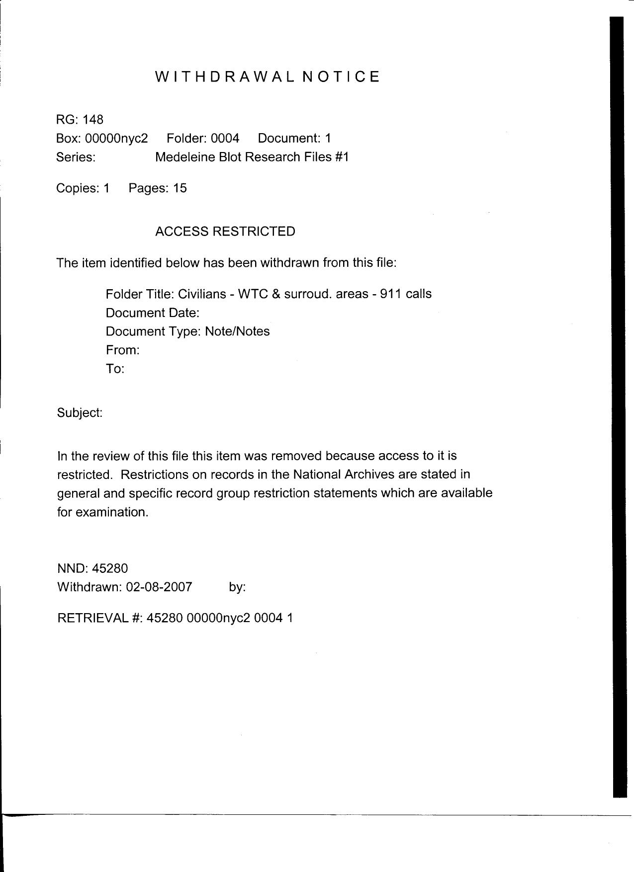 NY B5 Civilians Fdr- All Typed Interview Notes- MFRs- Withdrawal Notices in Folder- Explosions w WTC Collapse 737 by Unknown