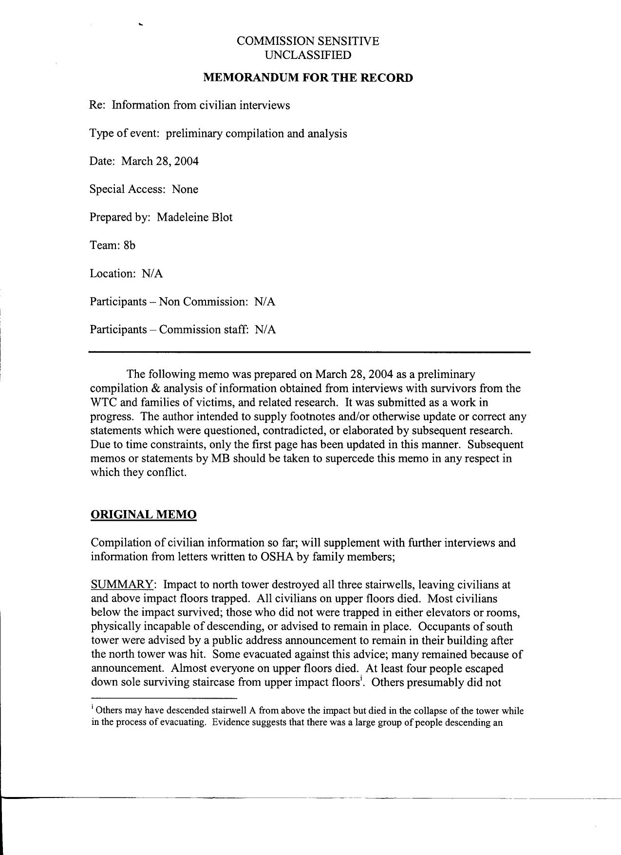 NY B5 Civilians- Extra Notes Fdr- 3-28-04 MFR re Info from Civilian Interviews re World Trade Center 743 by Unknown