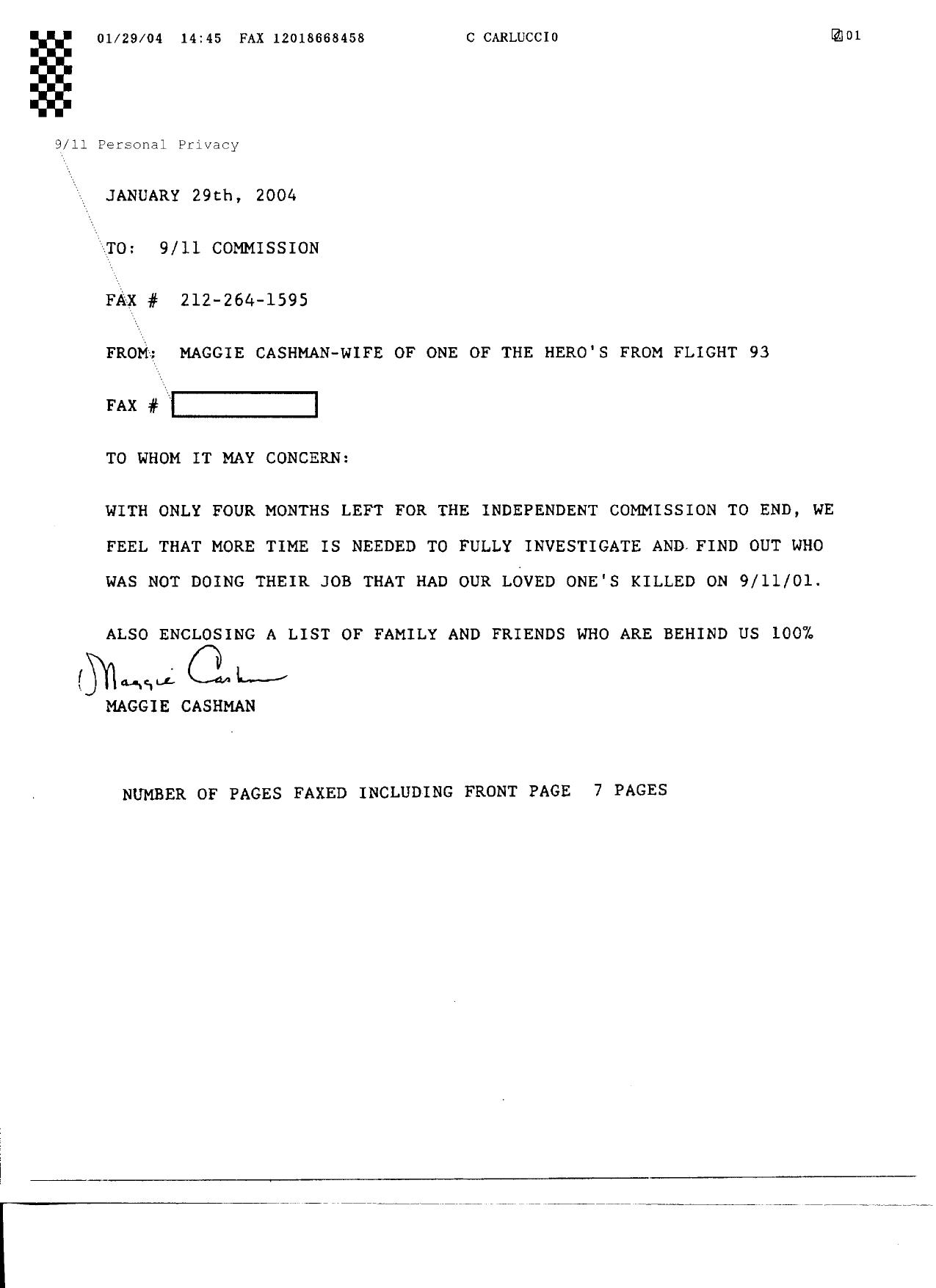 NY B7 Families Fdr- 1-29-04 Letter from Maggie Cashman- List of Family and Friends in Support of Extension by Unknown