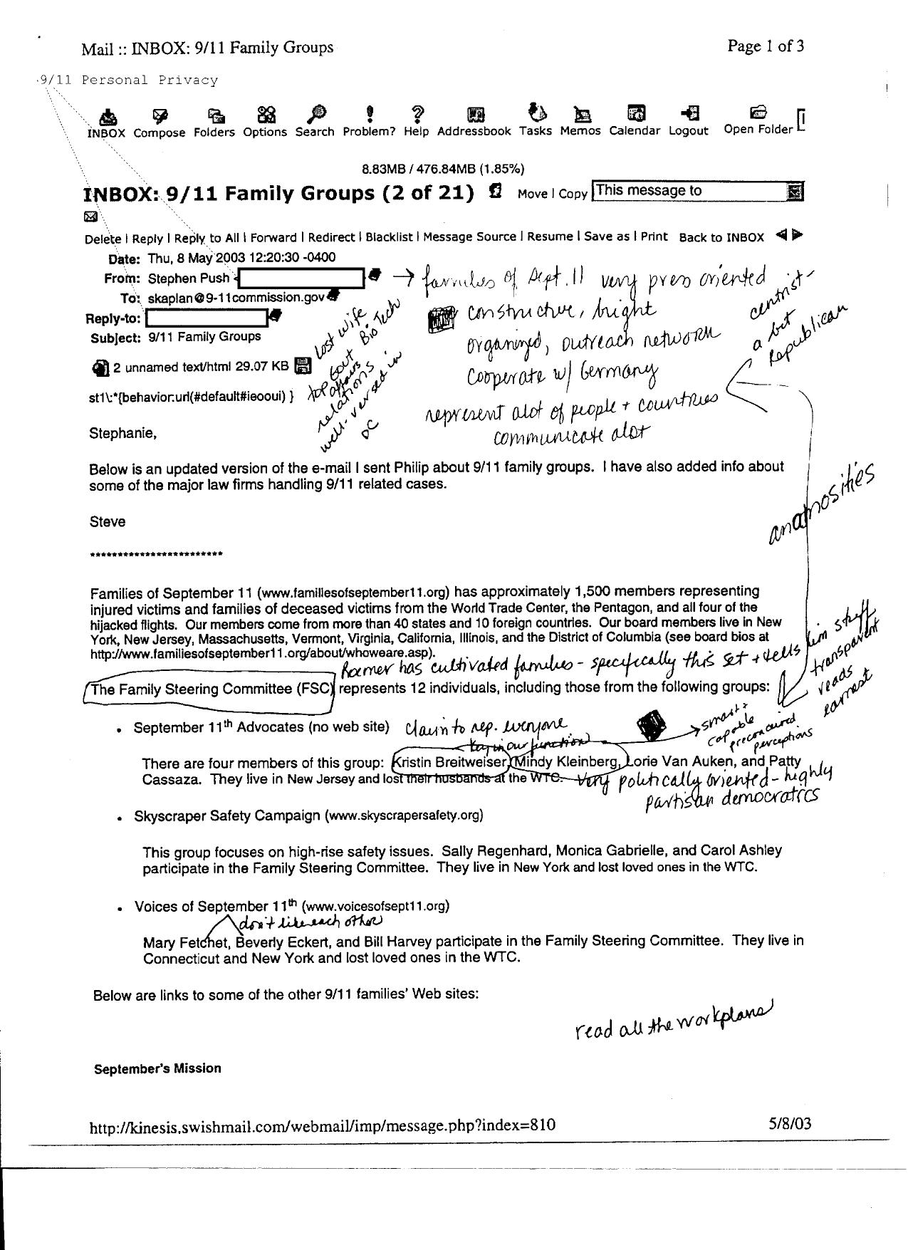 NY B7 Families Fdr- 5-8-03 Email from Stephen Push re 9-11 Family Groups and Handwritten Notes 787 by Unknown