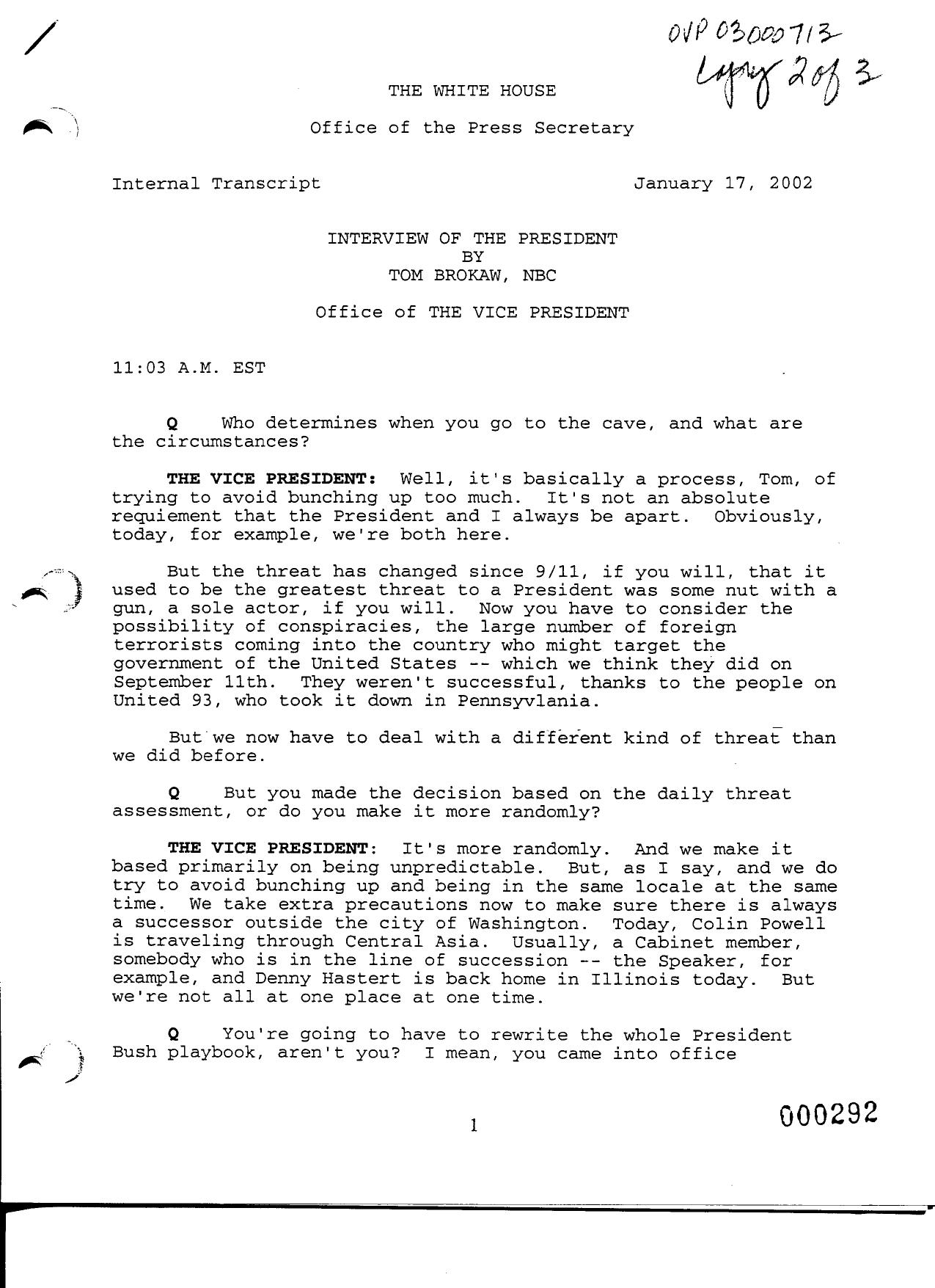 NY B9 Farmer Misc- WH 1 of 3 Fdr- 1-17-02 Tom Brokaw-NBC Interview of Cheney 457 by Unknown