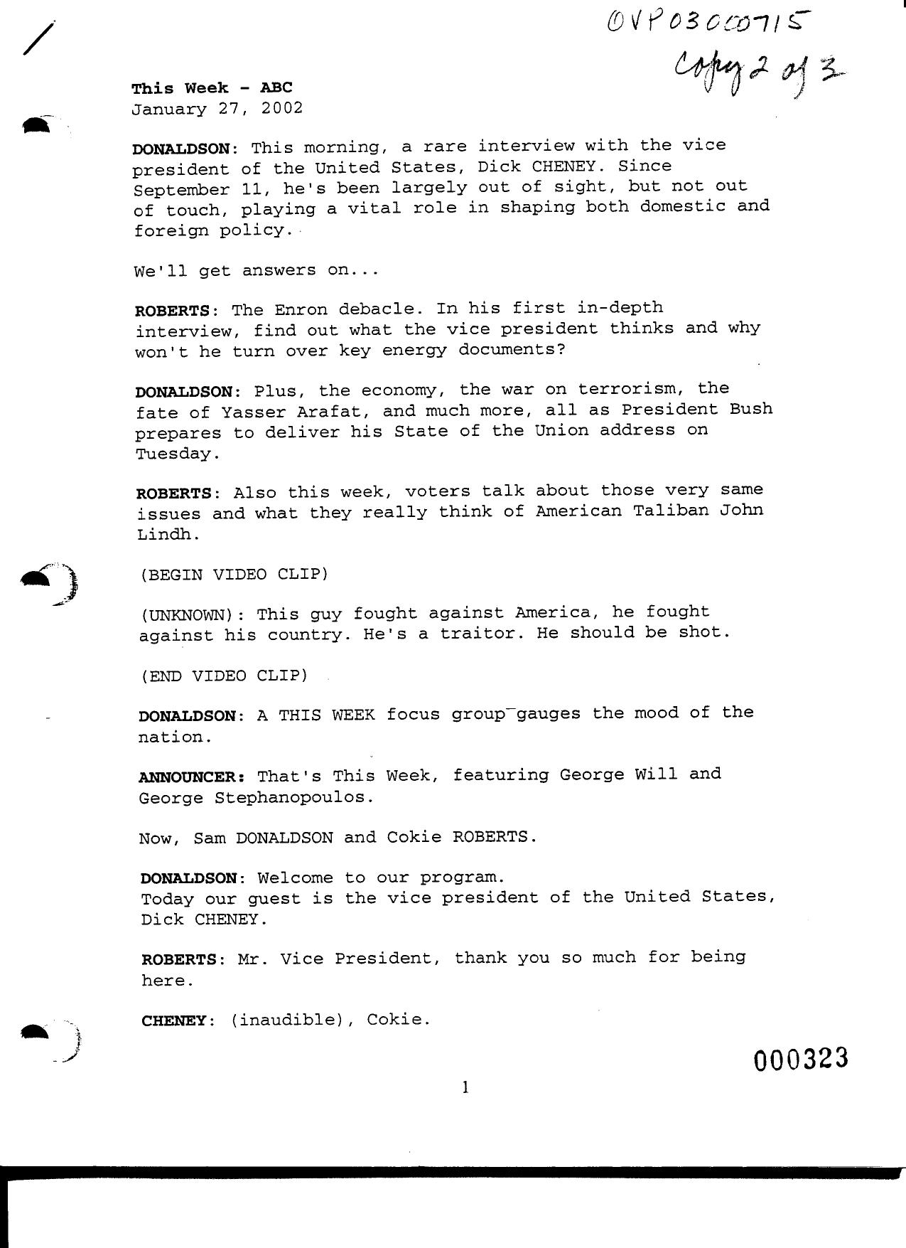 NY B9 Farmer Misc- WH 1 of 3 Fdr- 1-27-02 Sam Donaldson-Cokie Roberts-This Week-ABC Interview of Cheney 458 by Unknown