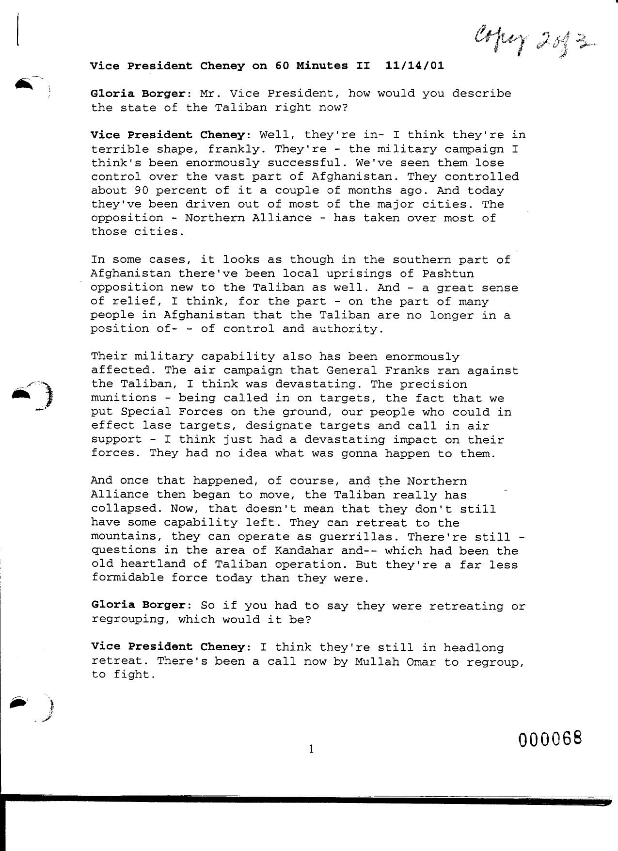 NY B9 Farmer Misc- WH 1 of 3 Fdr- 11-14-01 Gloria Borger-60 Minutes II Interview of Cheney 448 by Unknown