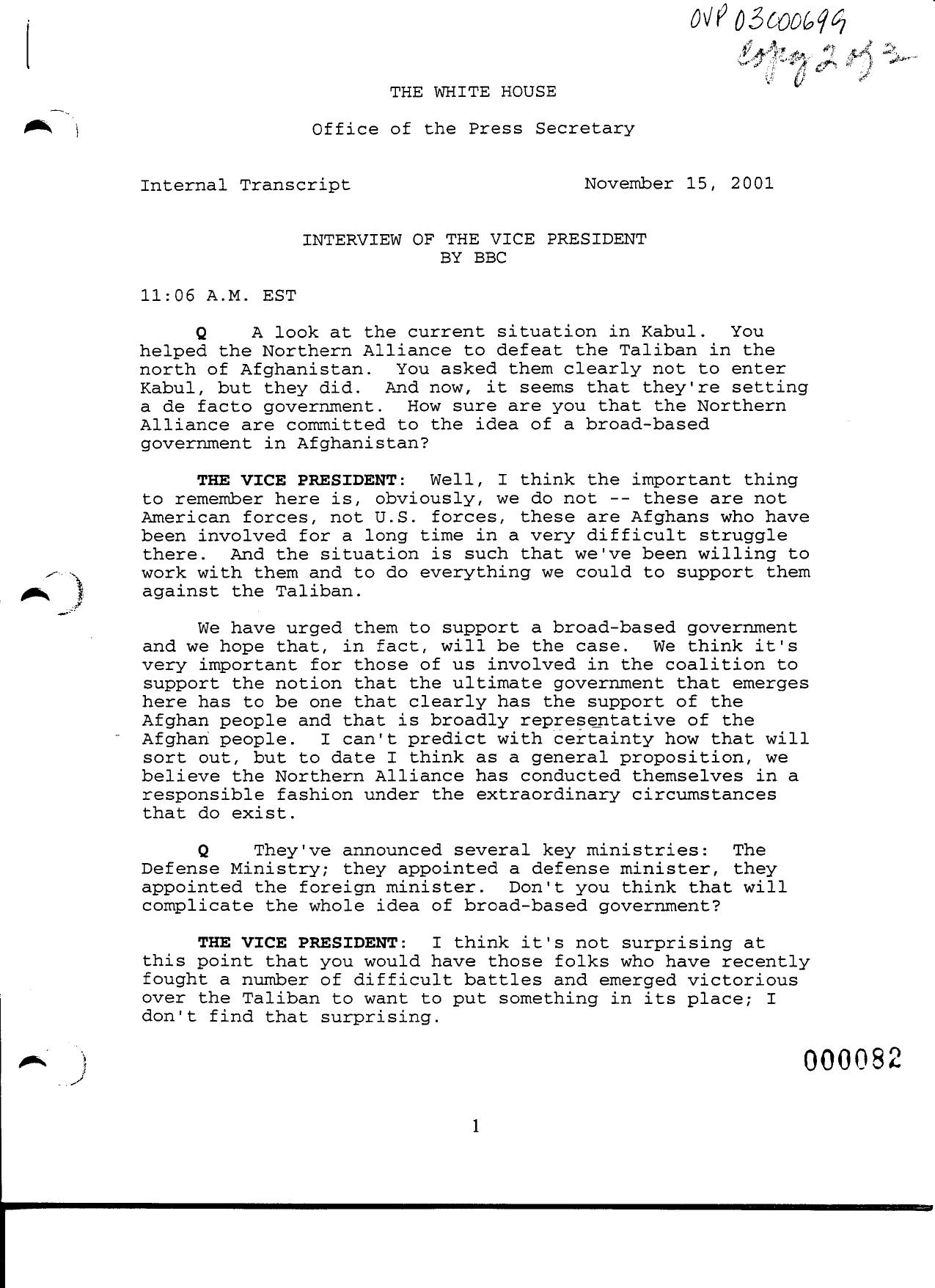 NY B9 Farmer Misc- WH 1 of 3 Fdr- 11-15-01 BBC Interview of Cheney 449 by Unknown