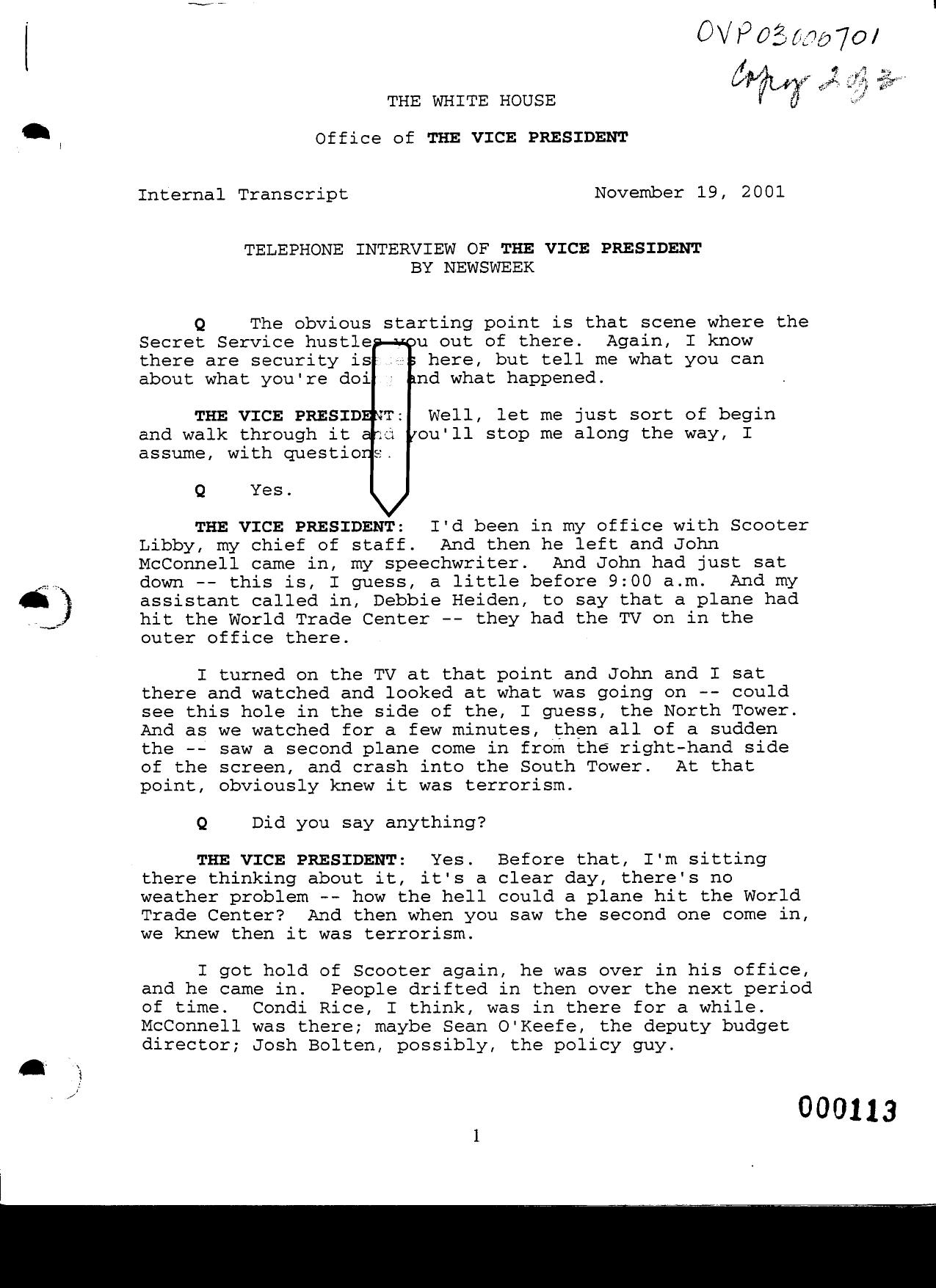 NY B9 Farmer Misc- WH 1 of 3 Fdr- 11-19-01 Newsweek Interview of Cheney 450 by Unknown